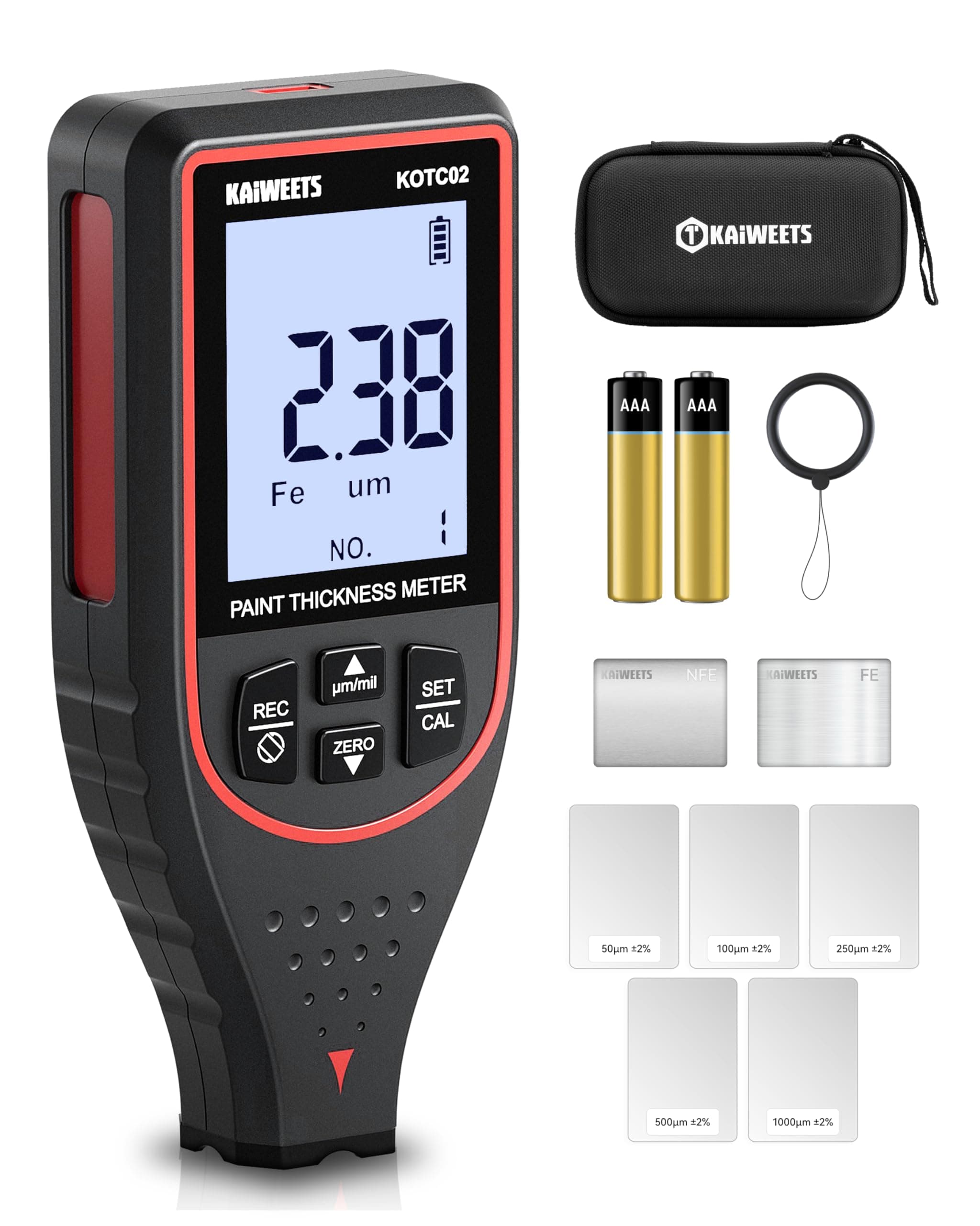 KAIWEETS Paint Thickness Gauge Car Coating Depth Gauge 0~2999μM Digital Paint Meter for Cars Paint Mil Thickness Tester for Used Car Buyers with Limit Alarm, Data Storage, 2-Direction Rotating Screen