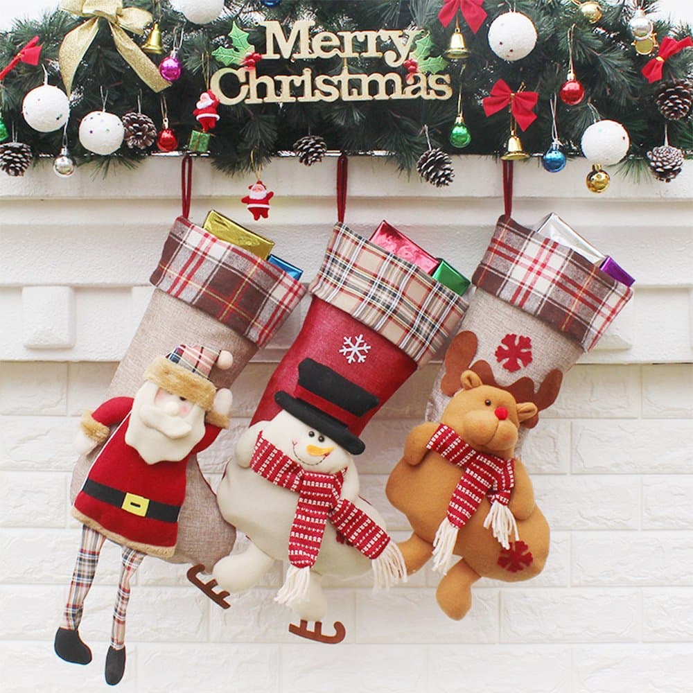 ARDOUR VAN Motorenbau RICWINANN Christmas Stockings (3 Pack) Decorations 18" Cute Santa, Deer, Snowman Candy Socks Gifts Bag, 3D Applique Style, Detailed Designs, Embroidered Edges, Hanging Loops