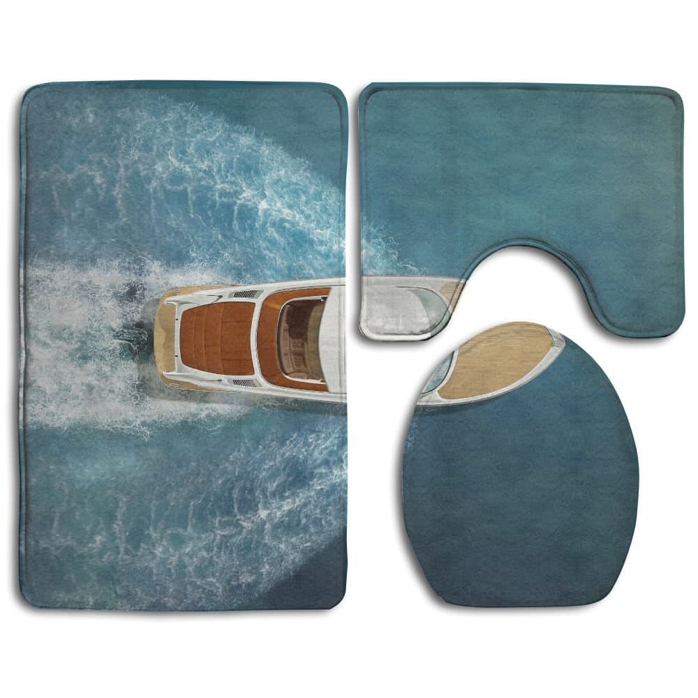 HanSmallT Speed Boat At Sea View From Above White Non Slip 3 Piece Bath Rug Pedestal Rug + Lid Toilet Cover + Bath Mat Customized Artwork Print