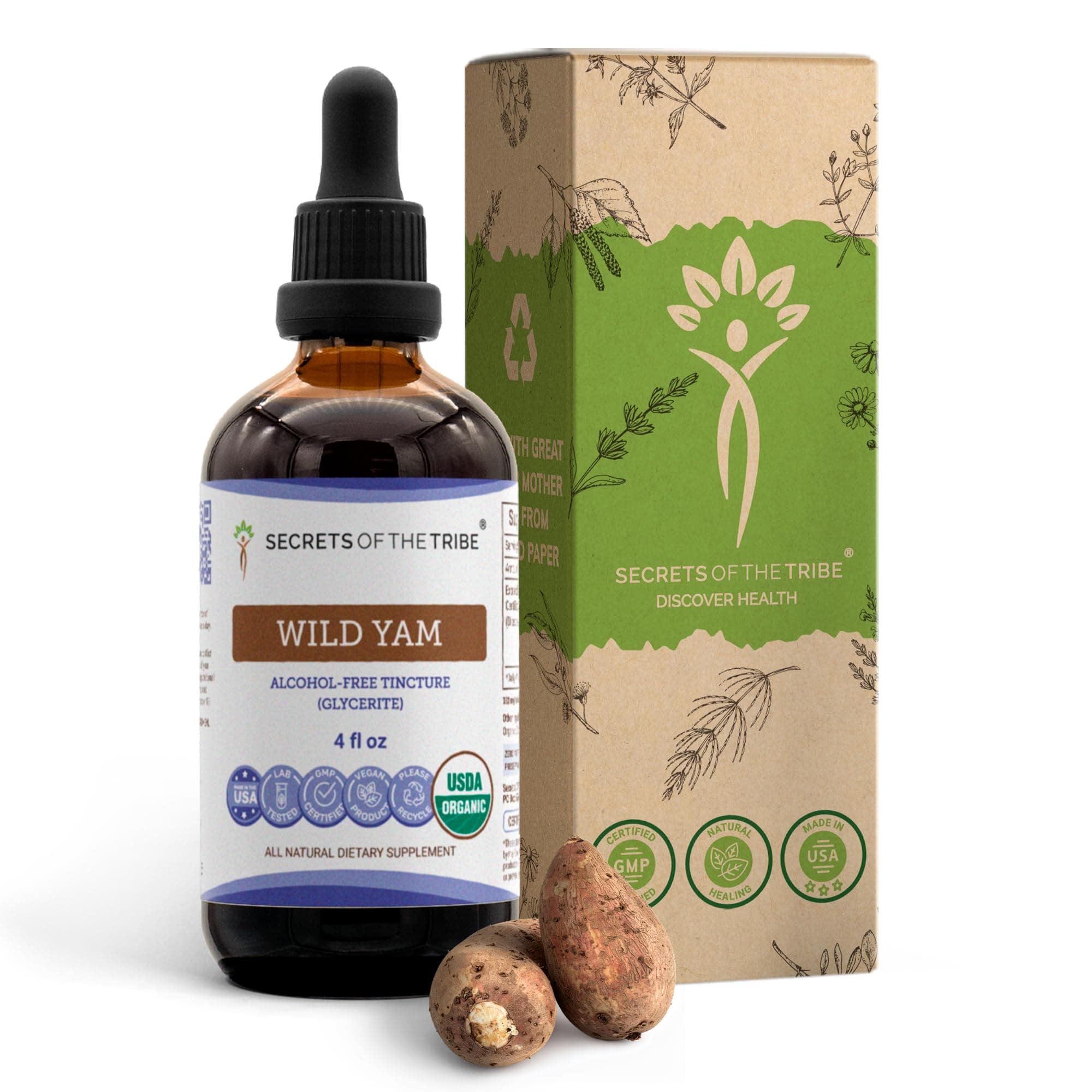 Secrets of the Tribe Wild Yam Alcohol-Free USDA Organic Tincture (Glycerite) Responsibly farmed Wild Yam (Dioscorea Villosa) Dried Root (4 Fl Oz) Hormone Support Supplement