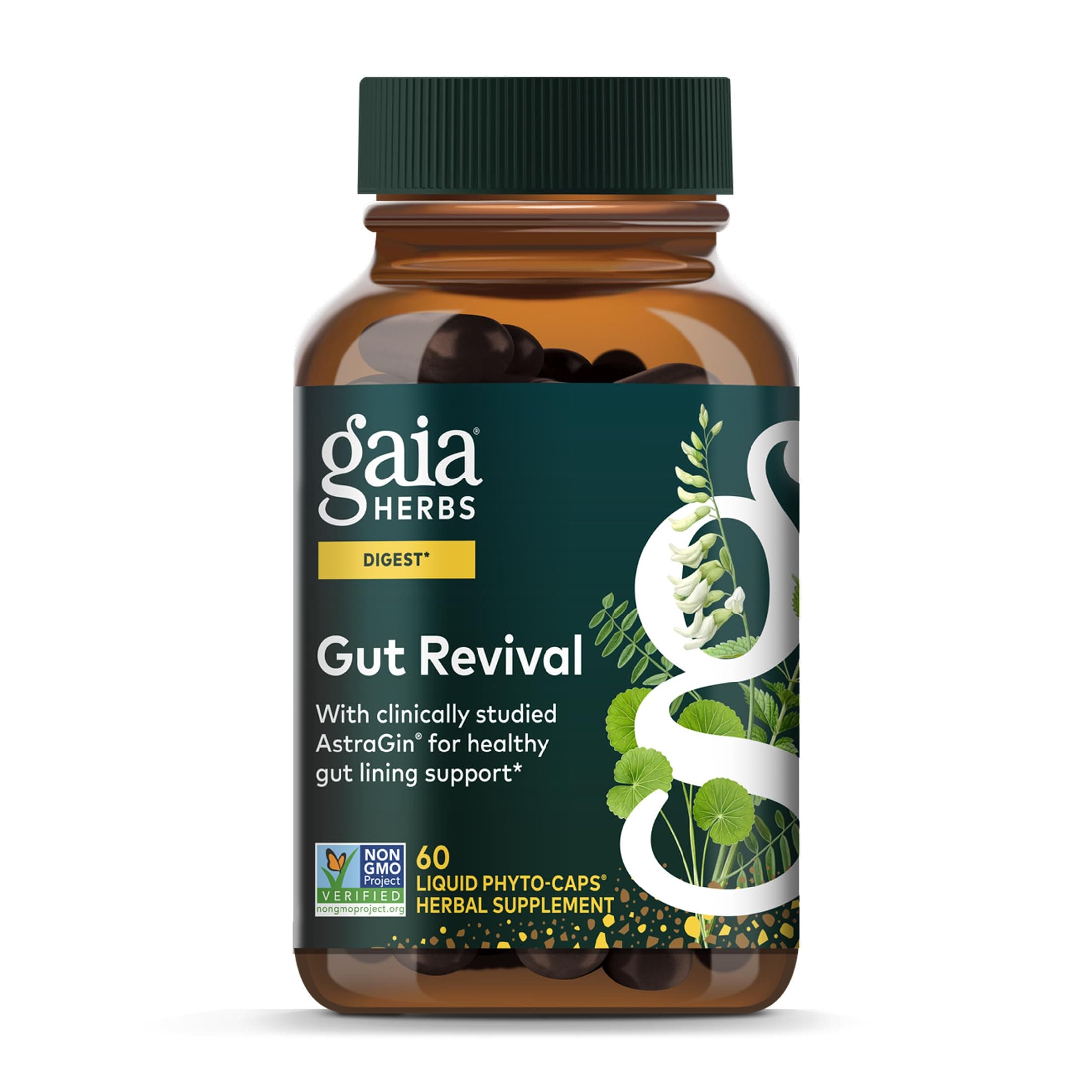 Gaia Herbs Gut Revival - Herbal Supplement to Support Healthy Gut Lining* - Made with AstraGin, Gotu Kola, Jujube & More - Free from Dairy, Soy & Gluten - 60 Vegan Liquid Phyto-Caps (60 Servings)