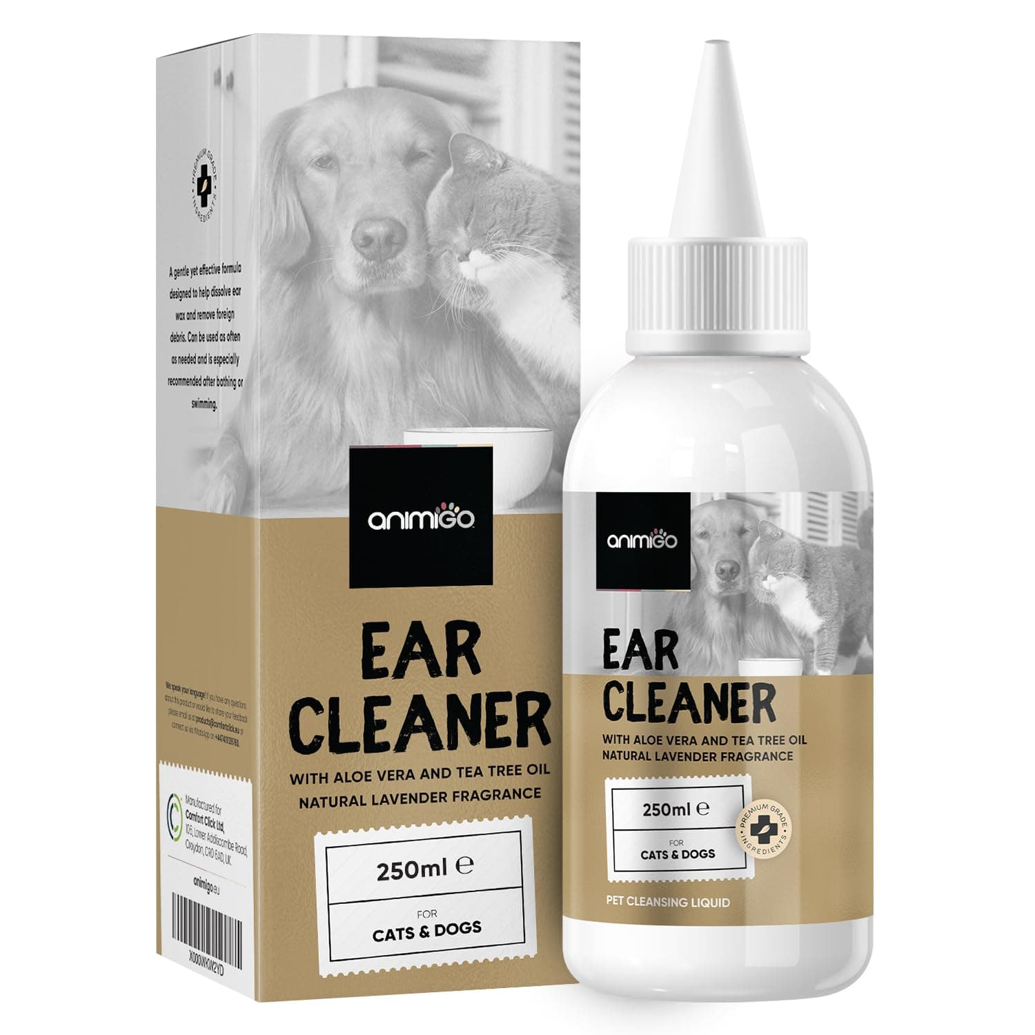 Cat & Dog Ear Cleaner Solution 250ml - Dog Ear Drops for Wax Buildup, Itchy & Stinky Ears - Dog Ear Cleaner & Cat ear drops with Aloe Vera, Lavender & Tea Tree Oil - Alcohol-free, Safe & Non-toxic
