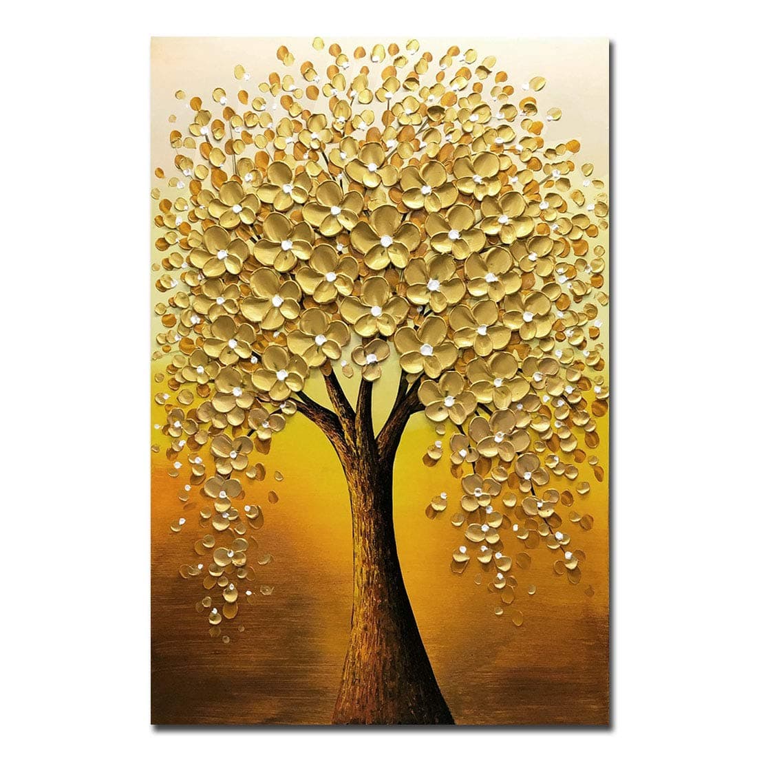 Yotree 24x36 Inch Golden Flowers Tree Luck Tree Oil Painting Abstract Artwork Art Wood Framed Hanging Wall Decoration