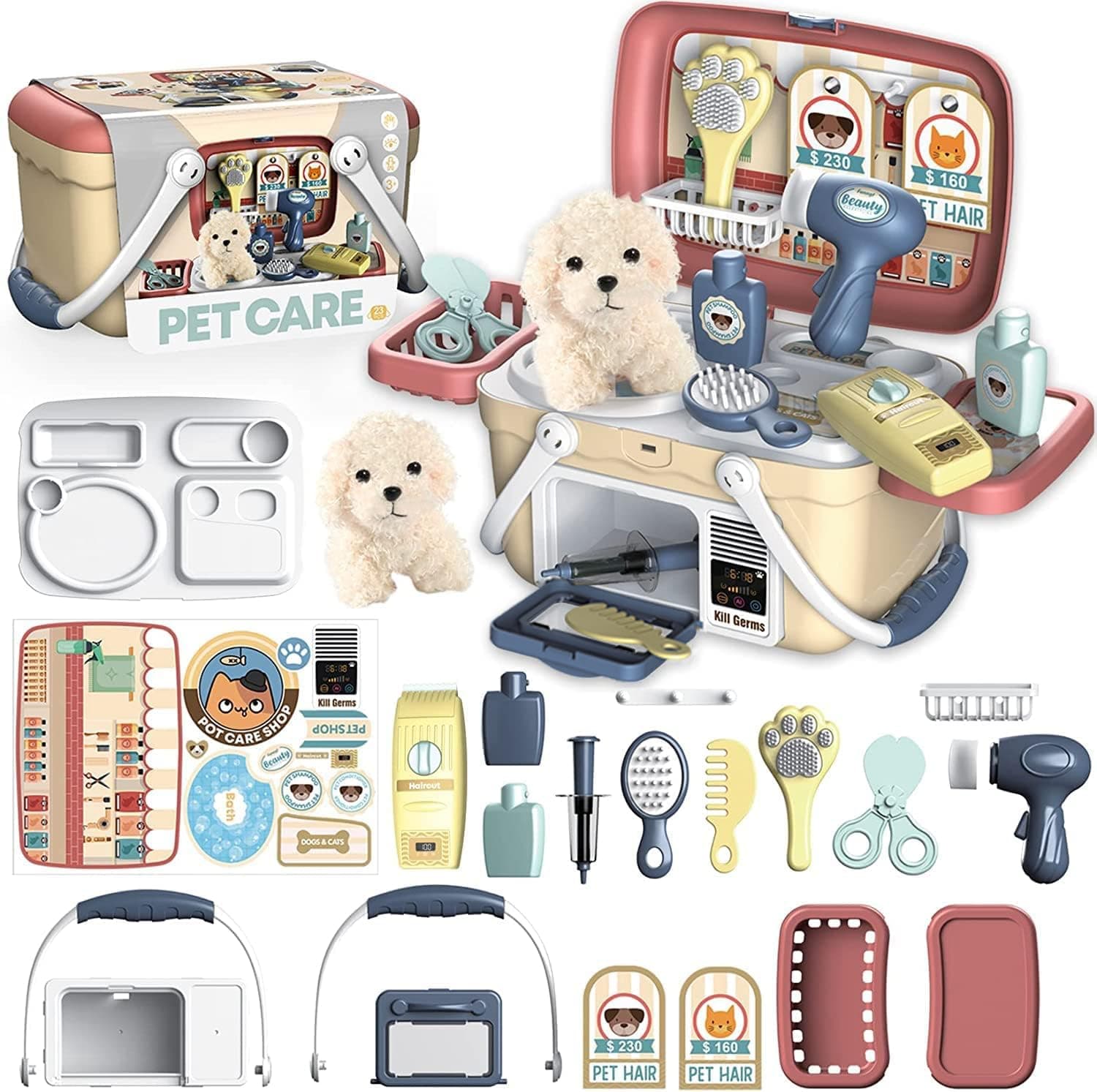 STAY GENT Pet Care Role Play Set, 23Pcs Dog Grooming Toys Treatment Vet Set with Toy Pet Carrier & Plush Dog, Vet Role Play Gifts for Boys Girls 3 4 5 6 7 8 Years Children Birthday Christmas