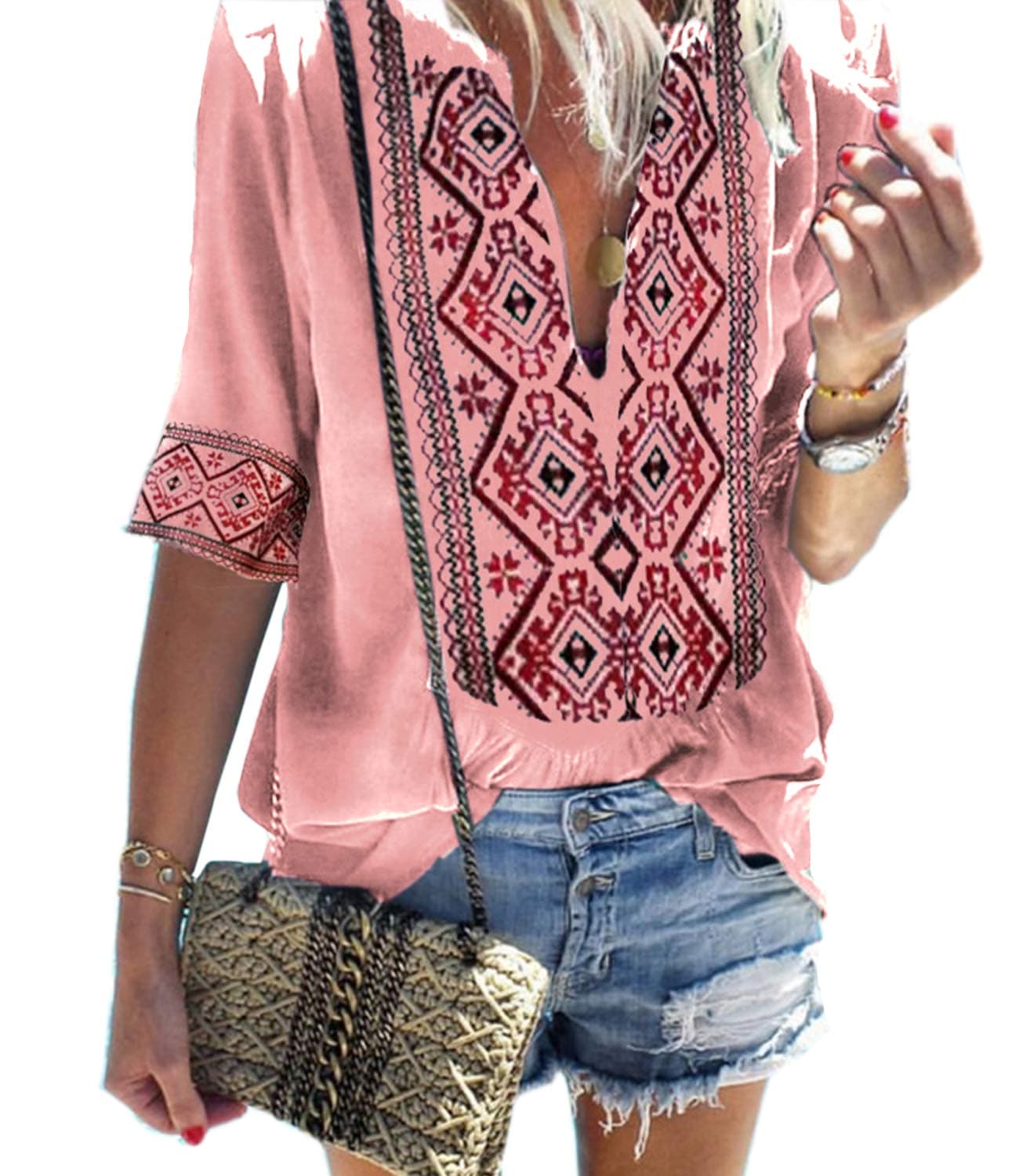 Mansy Women's Summer V Neck Boho Print Embroidered Shirts Short Sleeve Casual Tops Blouse (S, 2 Pink)