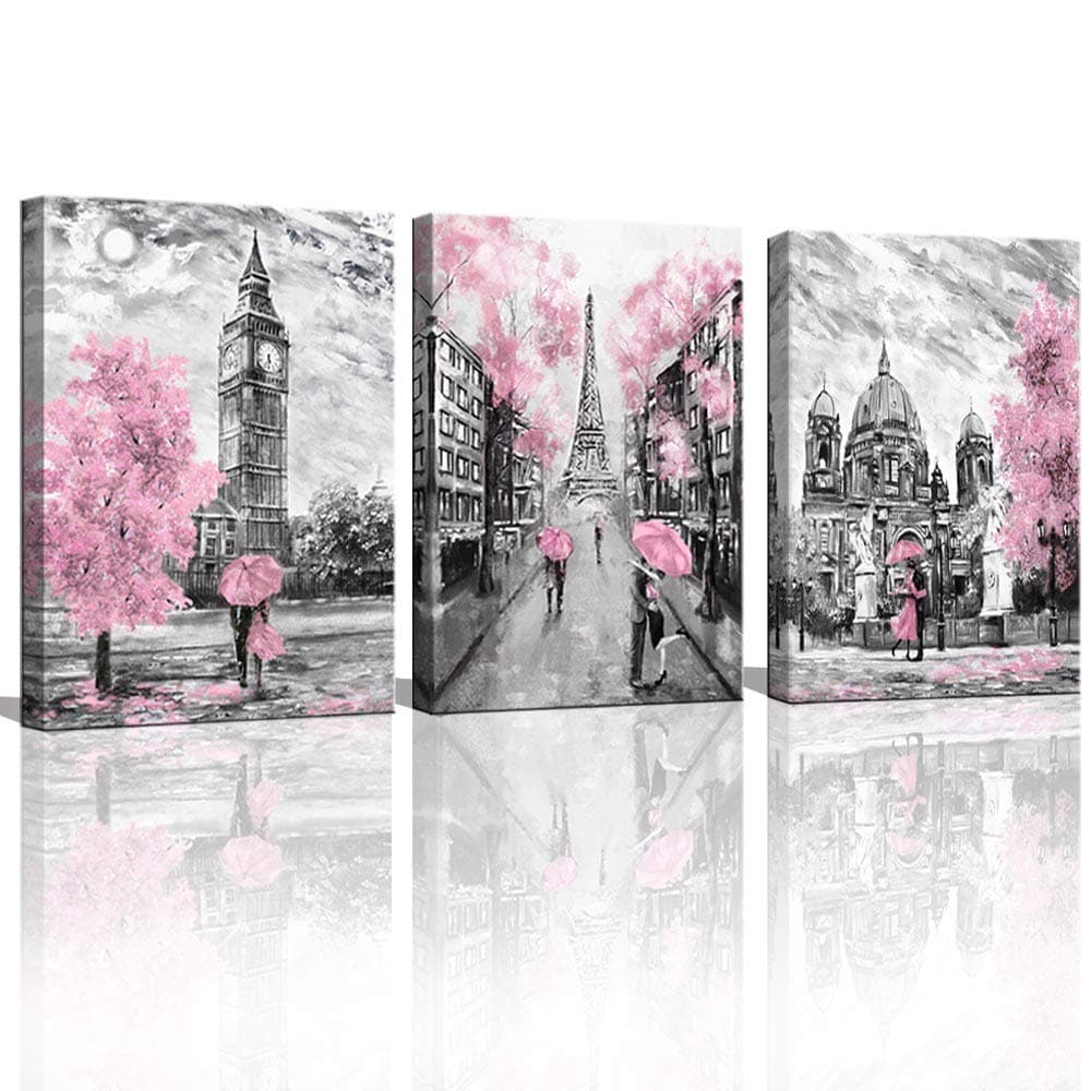 Black and White Canvas Wall Art for Living Room Bedroom Bathroom Girls Pink Paris Theme Room Decor Oil Painting Print London Big Ben Tower Eiffel Painting for Wall Decor Pink
