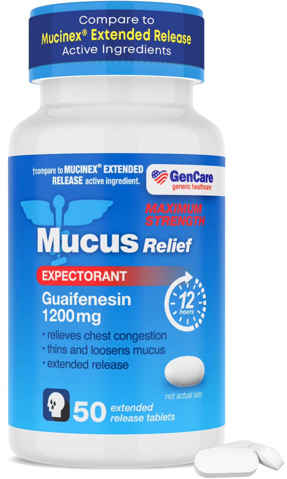 Mucus Relief Guaifenesin Maximum Strength 1200mg (50 Tablets) Extended Release Expectorant for Chest Congestion & Cough - Thins Mucus for 12 Hours