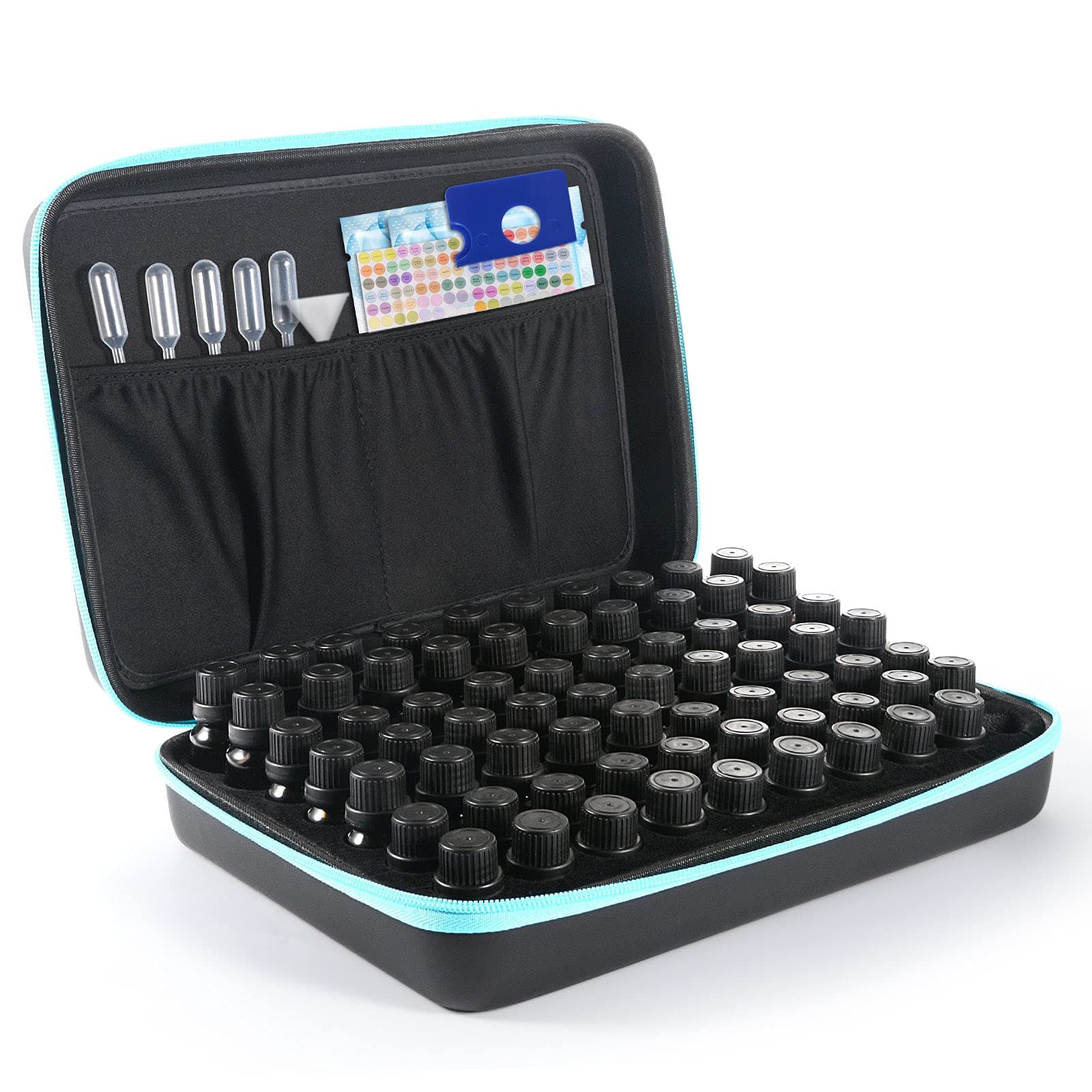 Essential Oils Storage for 70 Bottles - 192 Labels- 4Pcs Funnel -10 Pcs Transfer Pipette -1pcs Oil Bottle Opener - 5-10-15-20ml Roll on Bottles - Essential Oil Carrying Case(Black+Blue)