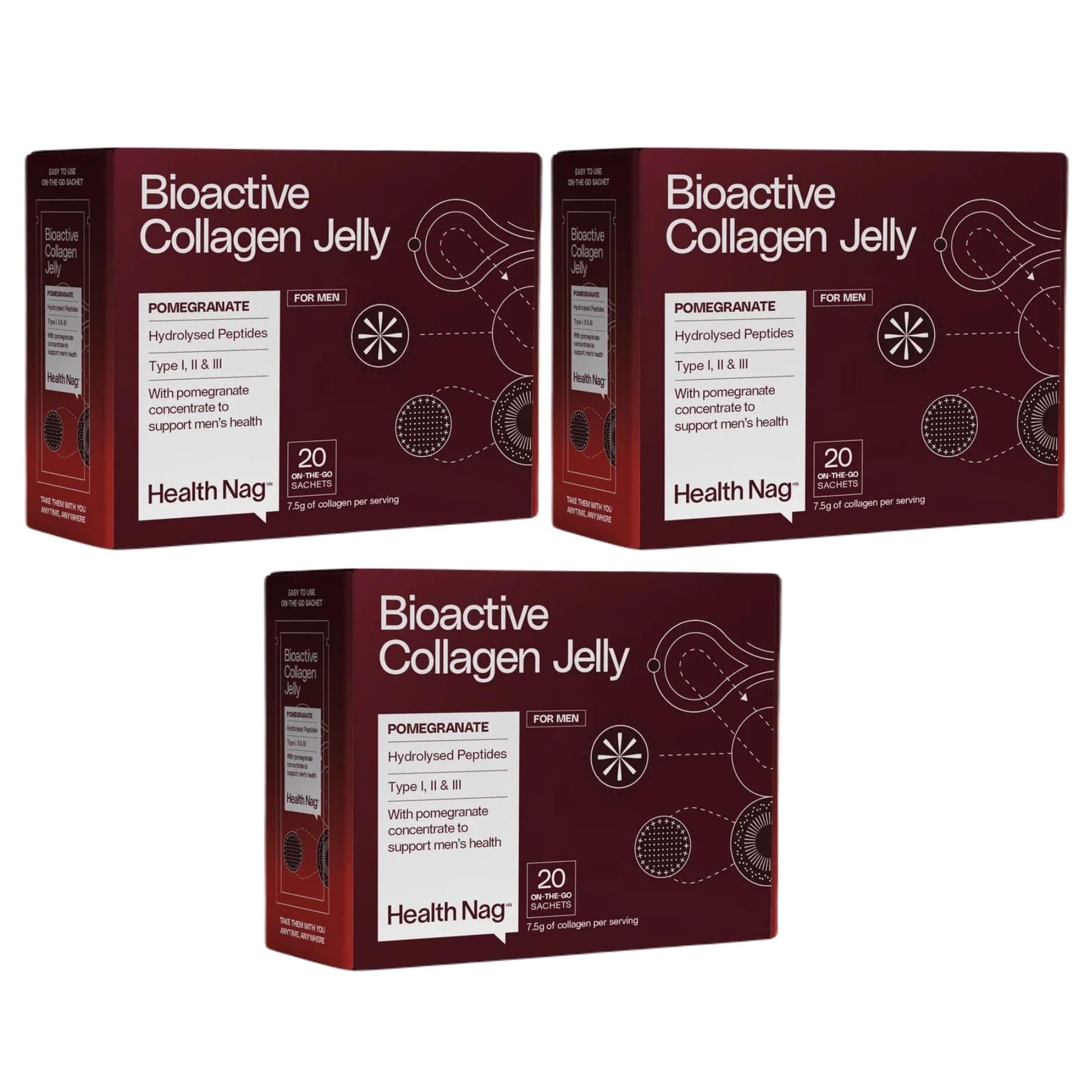 Bioactive Collagen Jelly - 20 Sachets in 1 Box,100% Pure Hydrolysed Peptides of Type I, II & III, On-The-Go-Sachets - Pomegranate - Pack of 3 (Delivered in a Chilled Van)