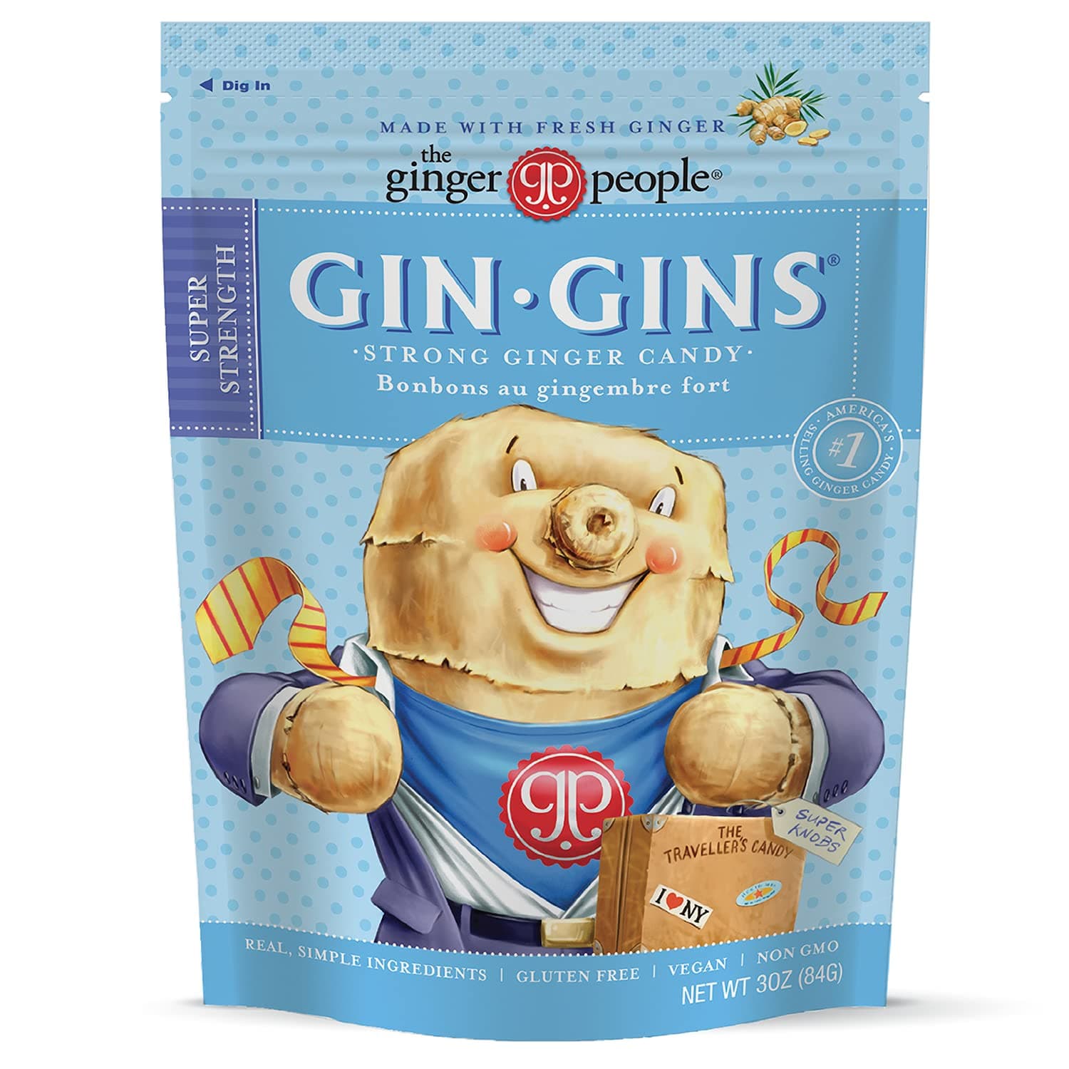 GIN GINS Super Strength – 100% Natural Candy by The Ginger People – Individually Wrapped Healthy Treats - Made with the Fresh Rhizome – Super Strength Flavor – 3oz Bag – Pack of 1