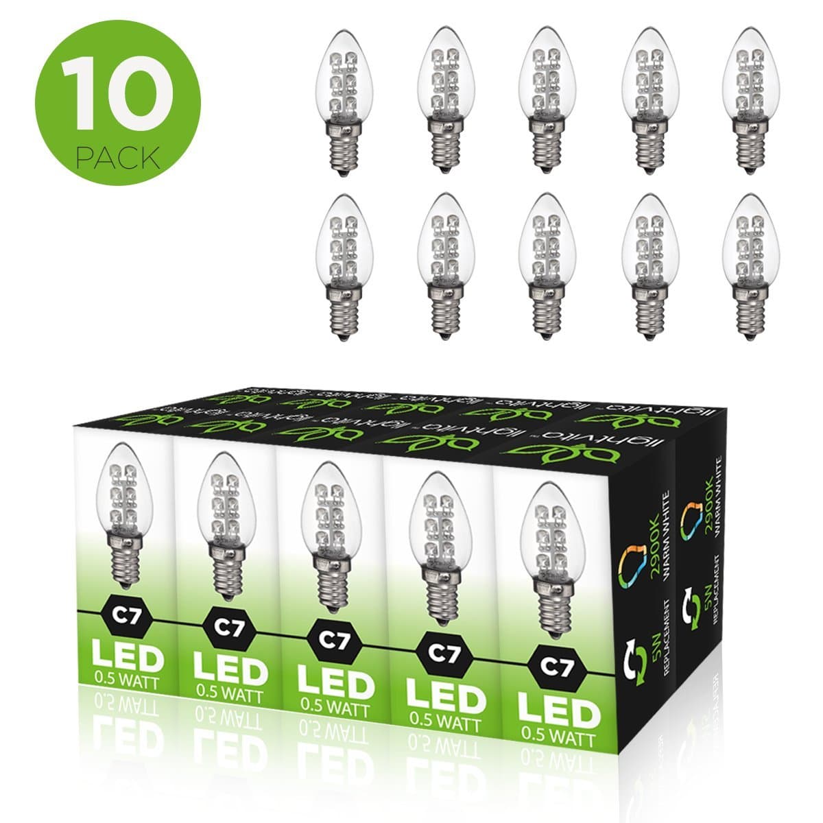 Lightvita (Tm) (10-pack) C7 LED 0.5 Watt Night Light Bulb, 5-watt Replacement 25 Lumen 2900k Warm White Light, E12 Base