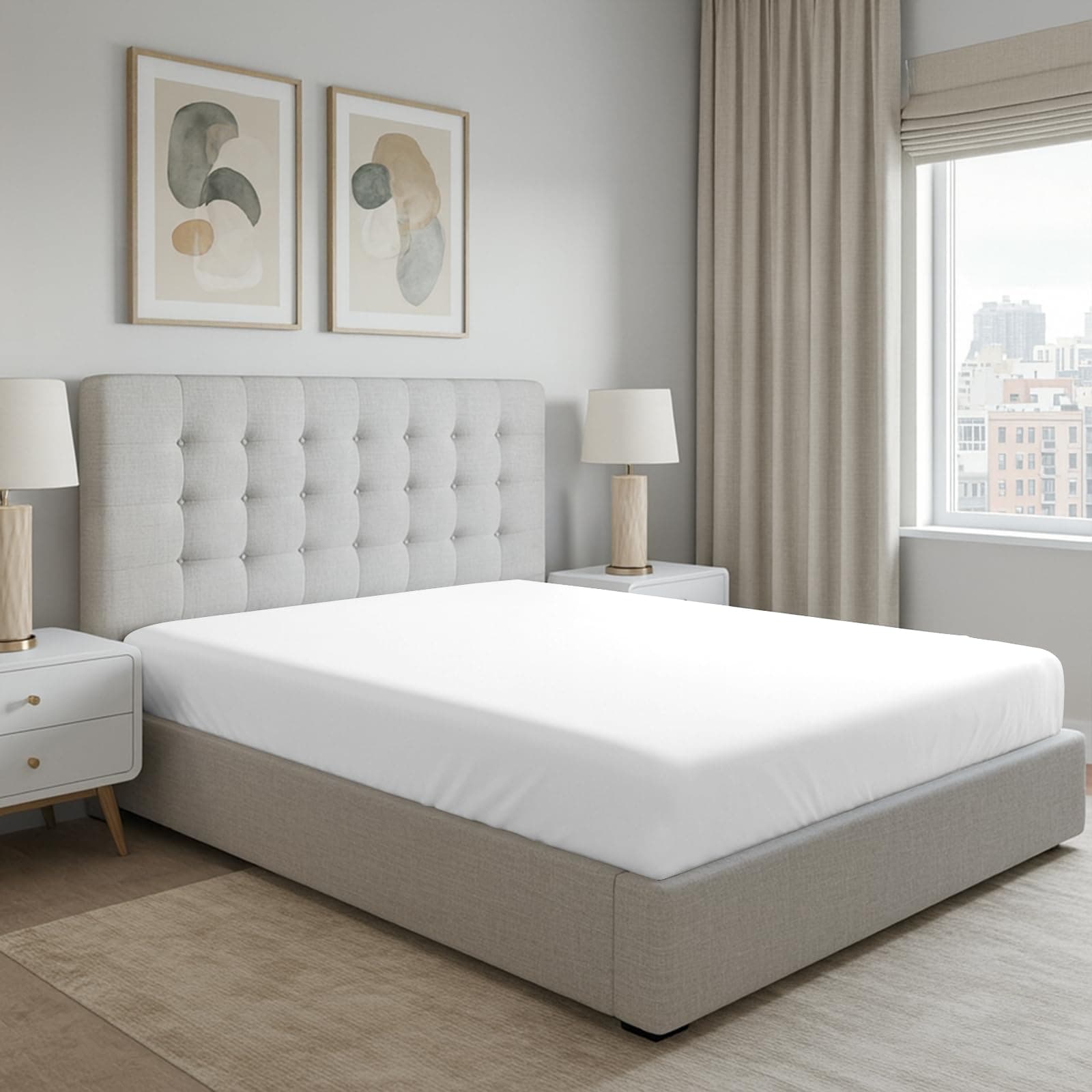 Pizuna 100% Cotton Super King Fitted Sheet White, 400 Thread Count Long Staple Cotton Fitted Sheet 180x200 cm, Sateen Weave Superking Fitted Sheet Extra Deep 40 cm Fit 1 PC