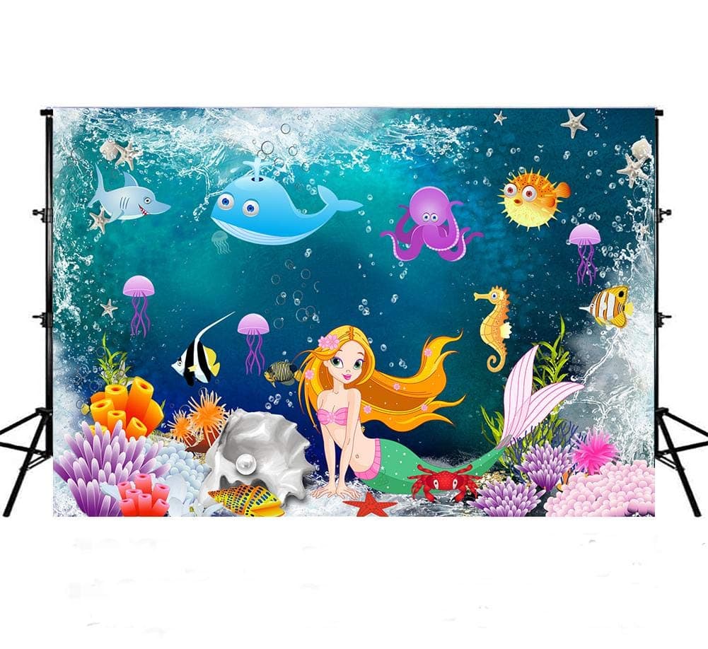 Mermaid Backdrop, Under The Sea Princess Mermaid Photo Backdrop Baby Shower Background Party Banner Photo Booth Props 7X5ft by Mohoto