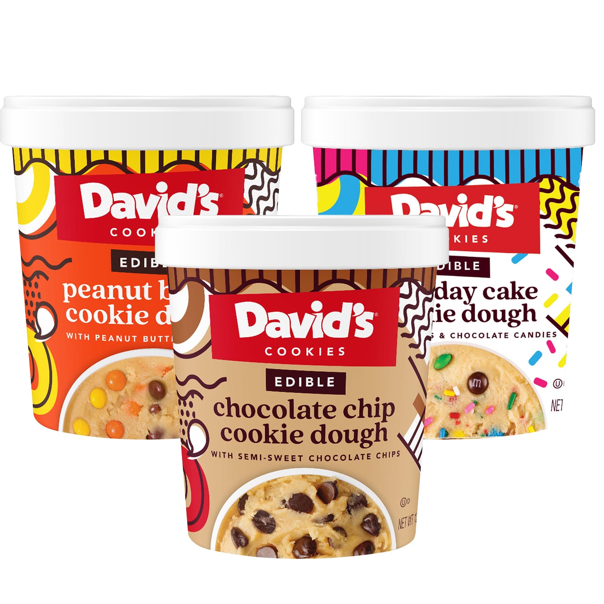 David’s Cookies Edible Cookie Dough Variety Pack – 3 Tubs (12oz Each) – Delicious Cookie Dough Flavors (Chocolate Chip, Peanut Butter, Birthday Cake) – Ready-to-Eat Dessert Treat
