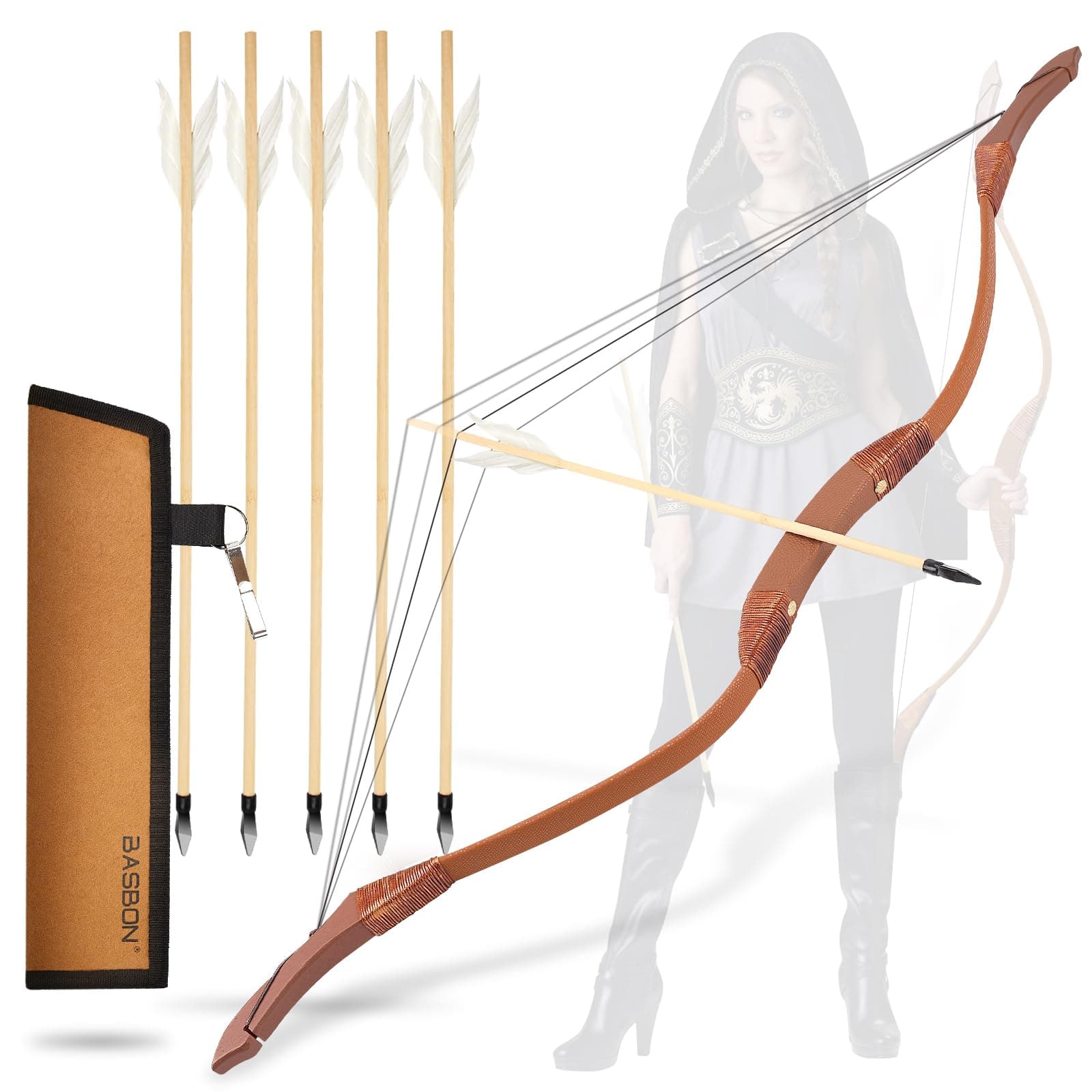 Youth Wooden Bow and Arrow Set, 40 Inch Archery Set Microfiber Leather-Wrapped, Handmade Toys Bow and Arrow Cosplay Costume Prop Games, 5 Feather Arrows (Rubber Tip), Gifts for Kids Boys Girls
