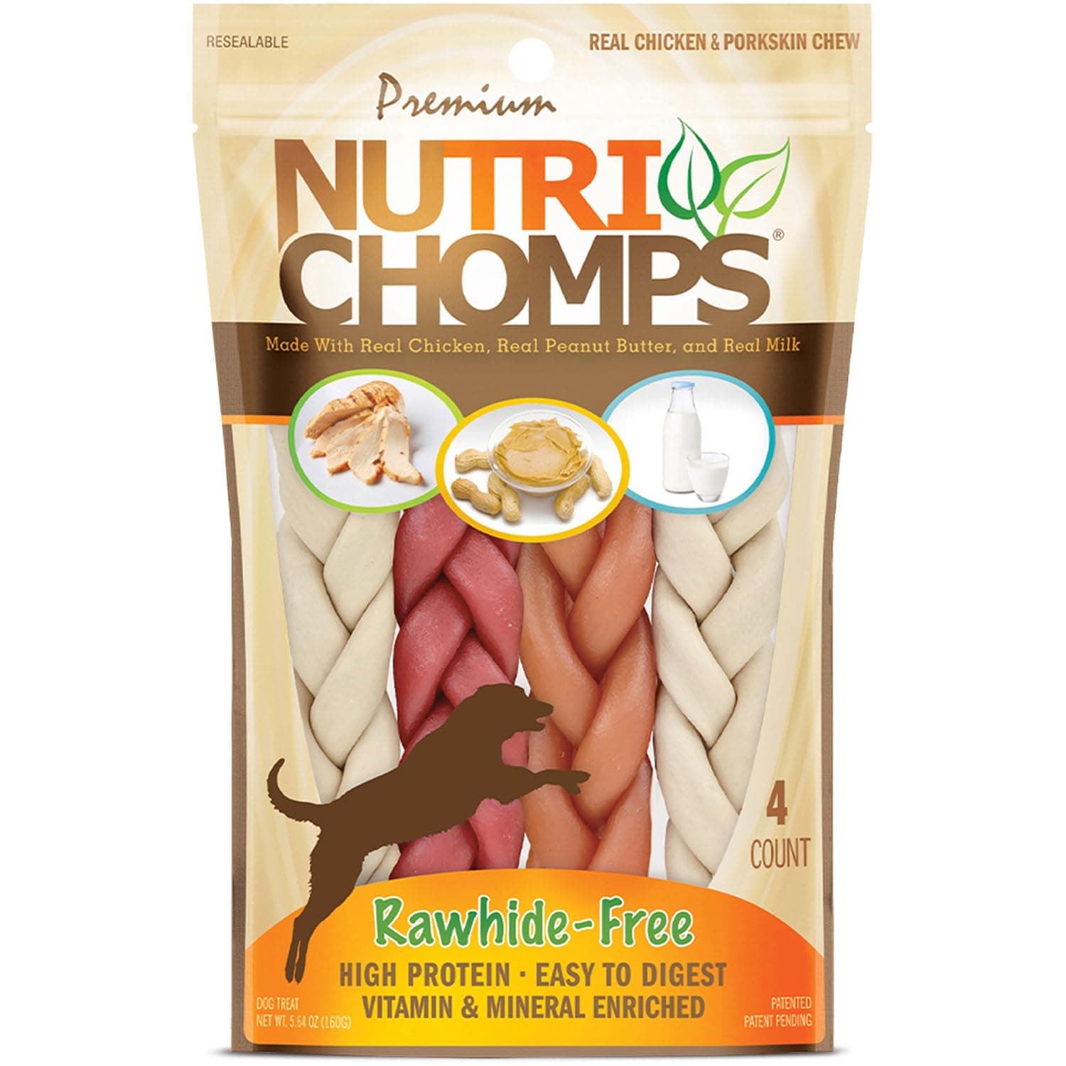 NutriChomps Dog Chews, 6-inch Braids, Easy to Digest, Rawhide-Free Dog Treats, Healthy, Real Chicken, Peanut Butter and Milk flavors, Pack of 4