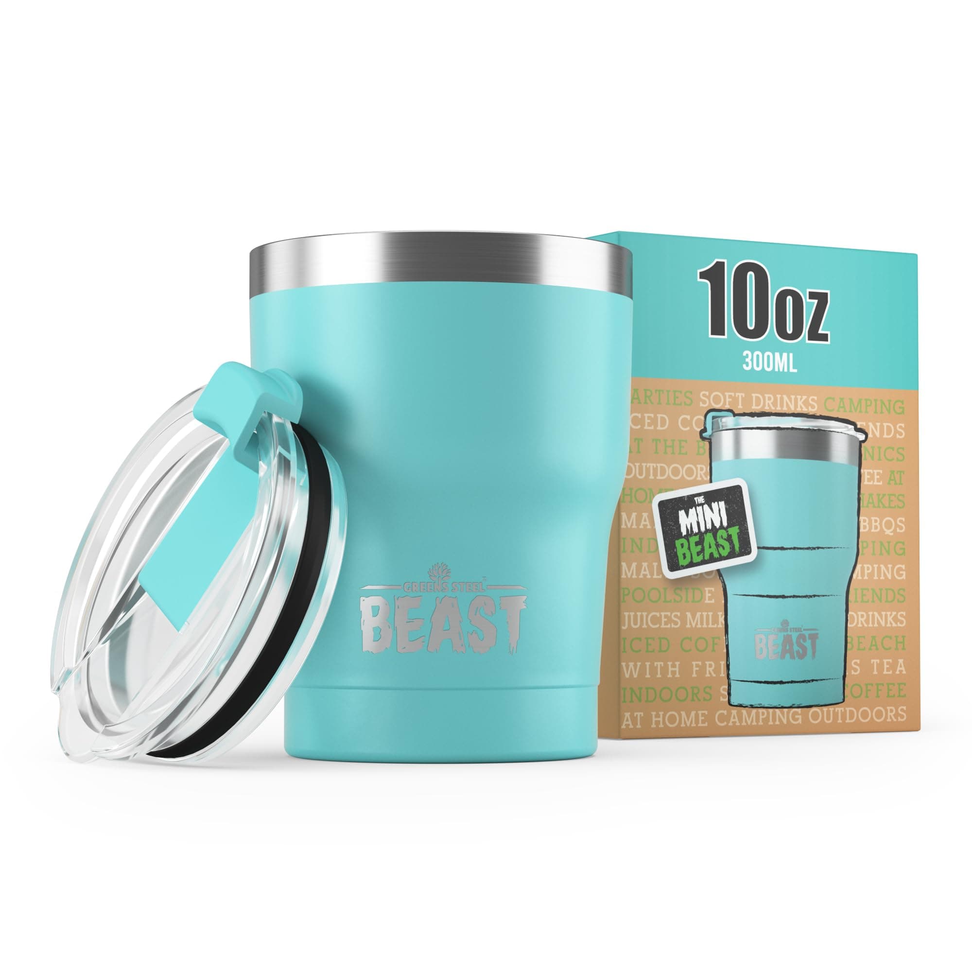 Beast Tumbler - 300 ml (10 oz), Aqua Blue | Reusable Stainless Steel, Vacuum Insulated Cup | Double Wall Travel Flask Perfect for Hot or Iced Coffee | BPA Free