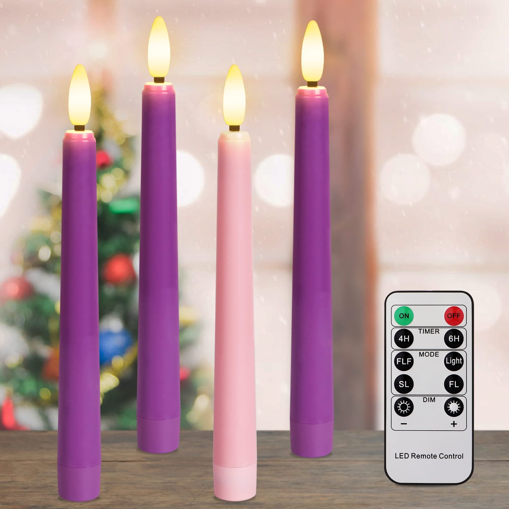 Yunsheng Flameless Advent Candles - Purple and Pink, 8 Inch Battery Operated LED Taper Candles with Remote Timer, 3D Wick Warm White Flicker Flame for Christmas Rituals and Wreath, Set of 4