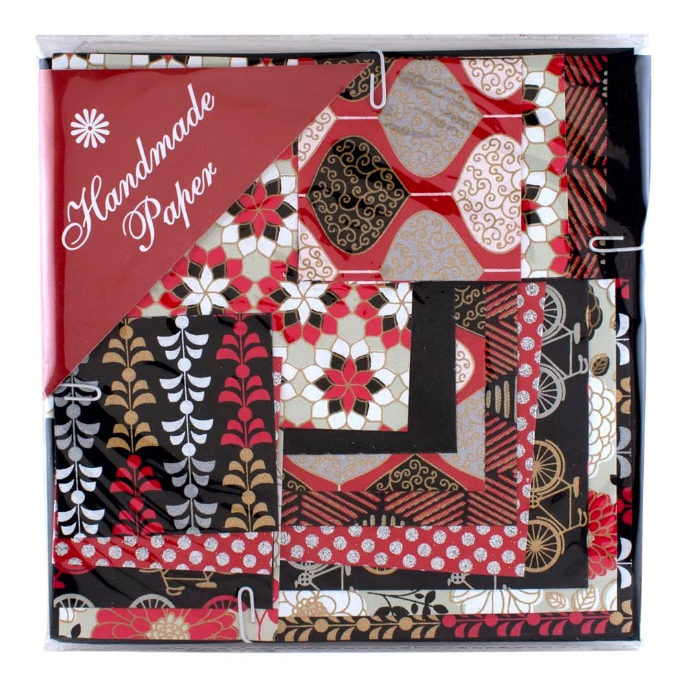 Shizen Design, Decorative Handmade Paper Pack, Square Sizes, 16 Sheets of Assorted Paper, Black, Red and White Patterns PP 104