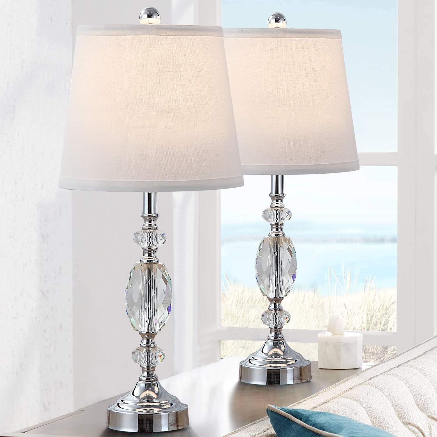 Pauwer Crystal Table Lamps Set Of 2 with Dual USB Charging Ports, Stacked Crystal Ball Accent Bedside Lamp, Modern Exquisite Nightstand Lamp with Fabric Shade for Bedroom, Living Room, Office (No USB)