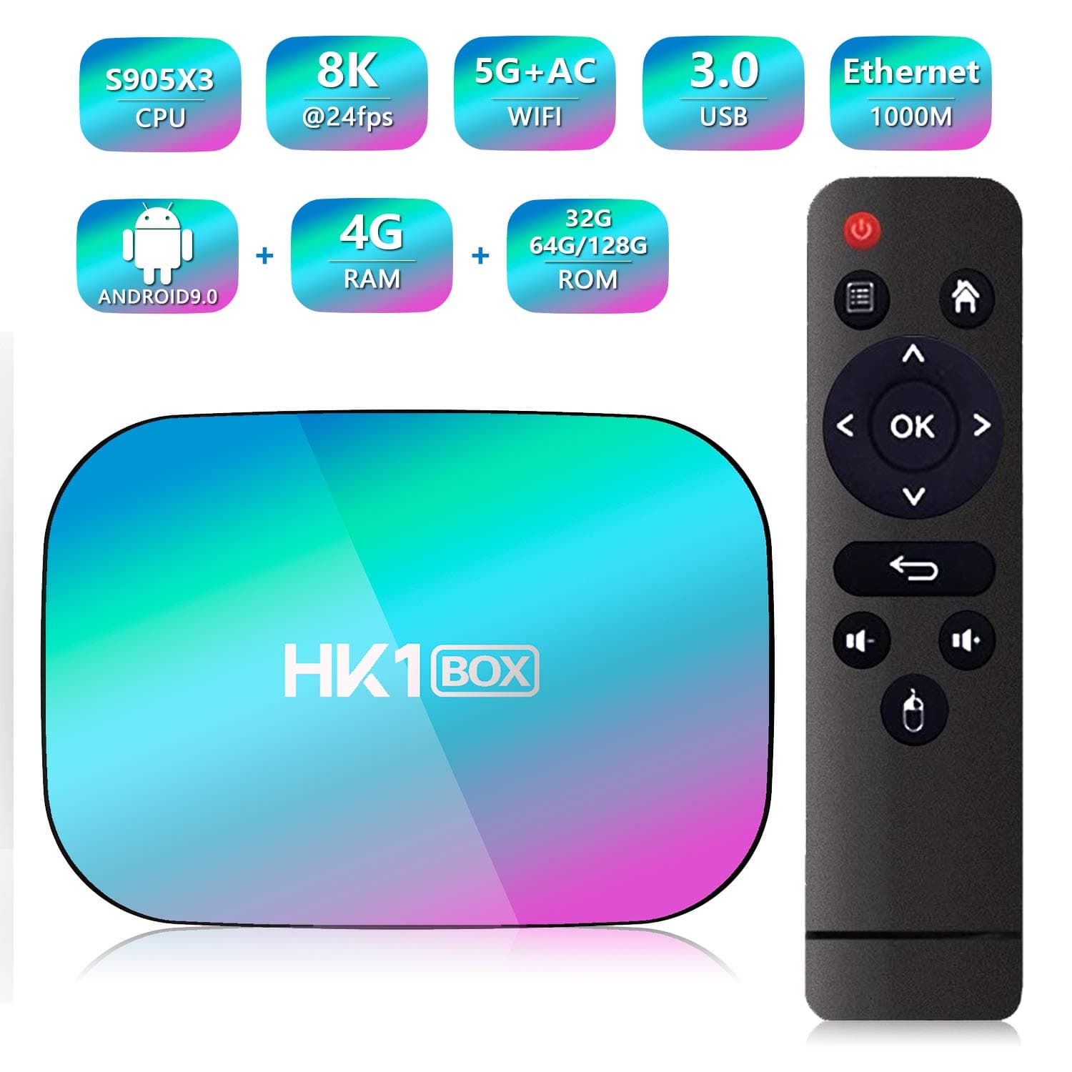 HK1 BOX Android 9.0 Smart TV Box Amlogic S905X3 CPU 4GB RAM 32GB 2.4G+5G Wifi 1000M BT4.0 8K Smart Media Player for Netflix Youtube