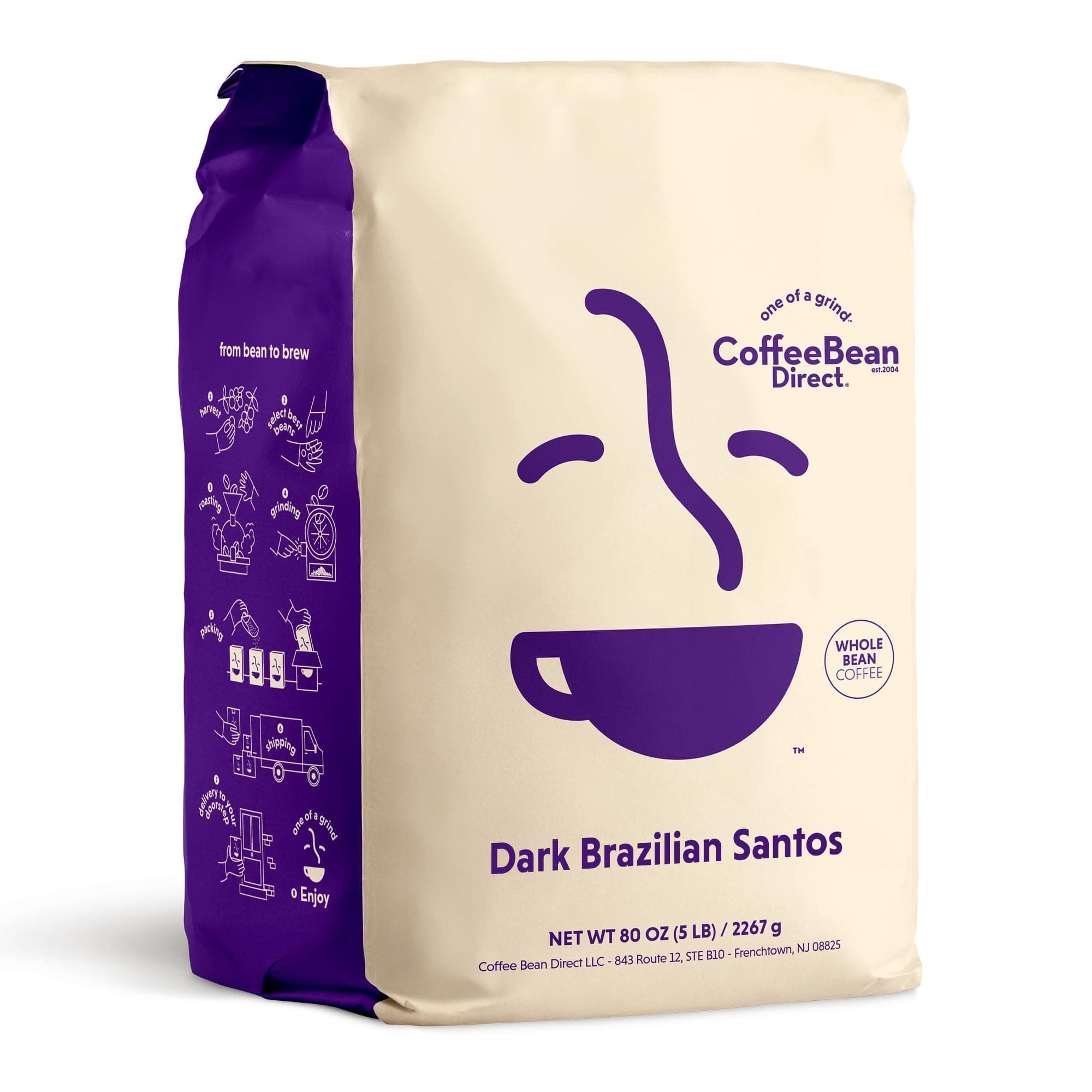 Coffee Bean Direct Dark Brazilian Santos, Whole Bean Coffee, Arabica Coffee, Dark Roast, 5 Pound Bag (Pack of 1)
