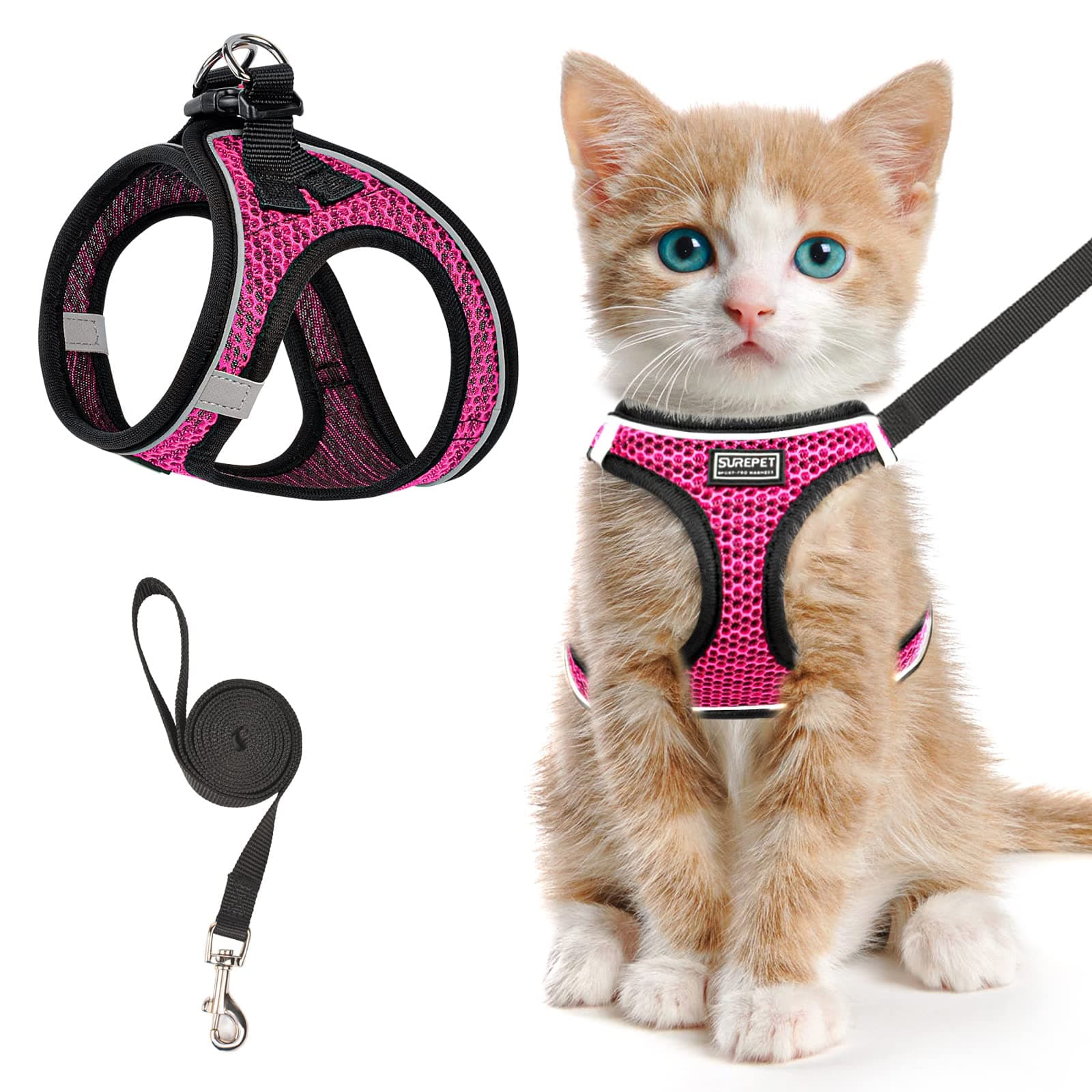 Cat Harness and Leash for Walking Escape Proof, Adjustable Kitten Vest Harness Reflective Soft Mesh Puppy Harness for Outdoor, Comfort Fit, Easy to Control (Pink, XS)