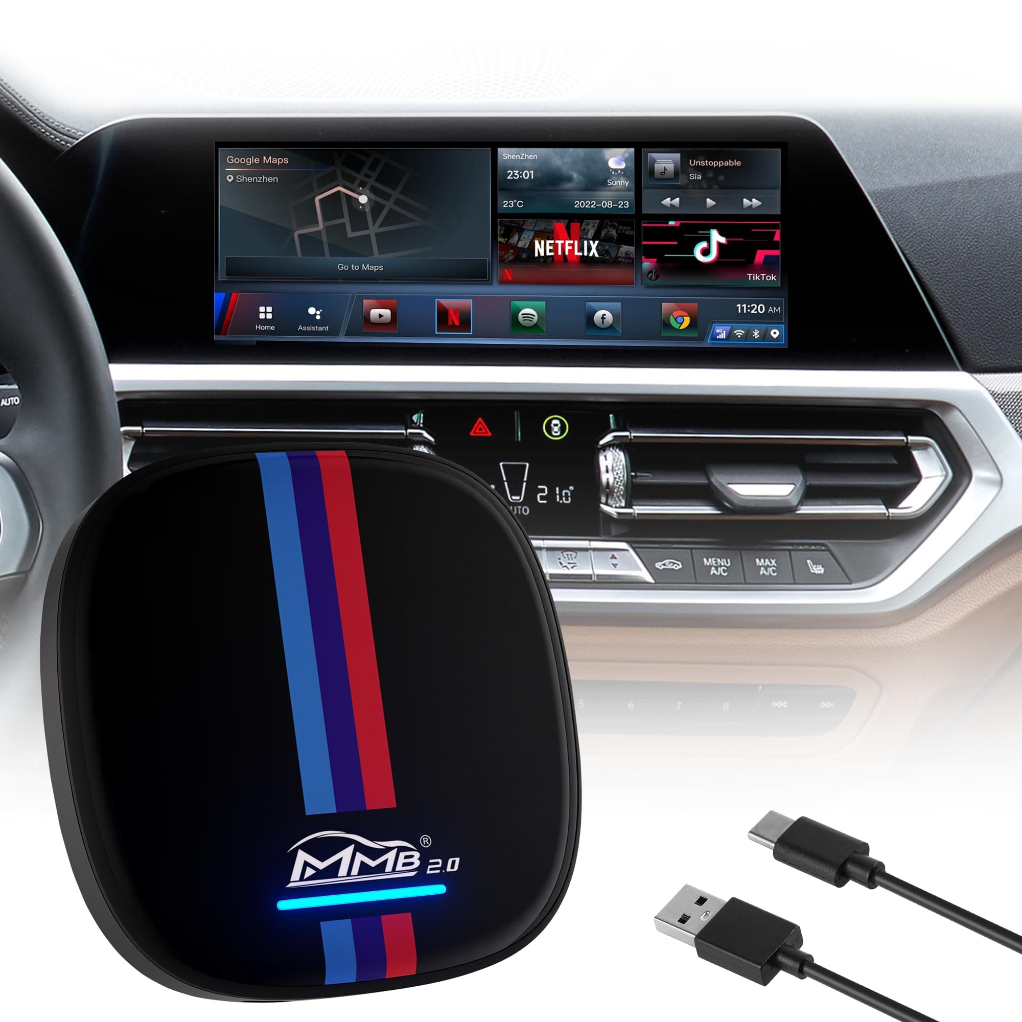 MMBBMW Carplay Adapter For YouTube/NETFLIX/APP STORE, Supports SIM Card, Hotspot Connection, 8 Core, 4+64GB, Compatible with BMW 2018 to 2023