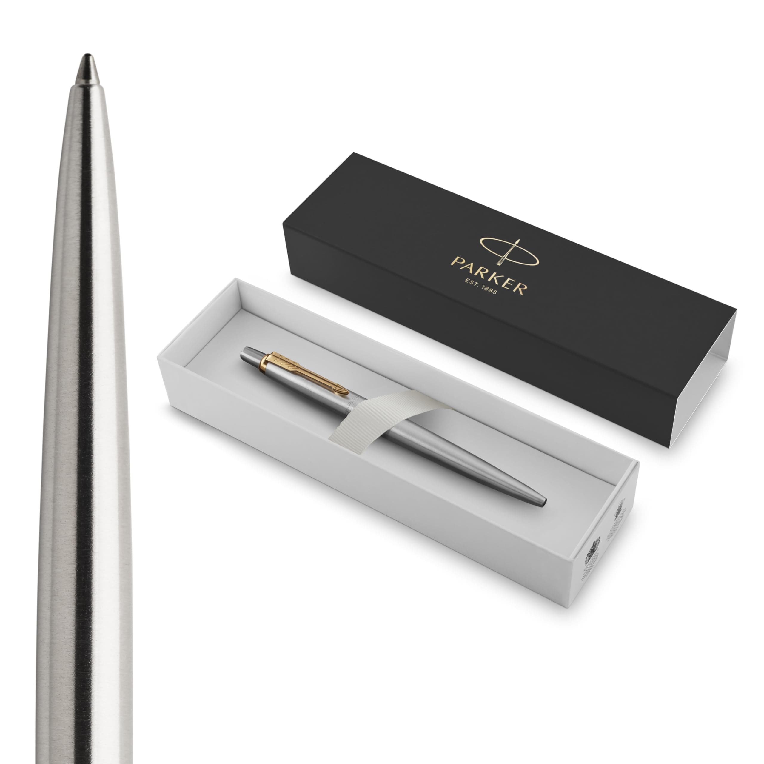 Jotter Ballpoint Pen, Stainless Steel with Golden Trim, Medium Point, Blue Ink, Gift Box - Smooth Writing, Sleek, Polished, Professional, Desk Essentials