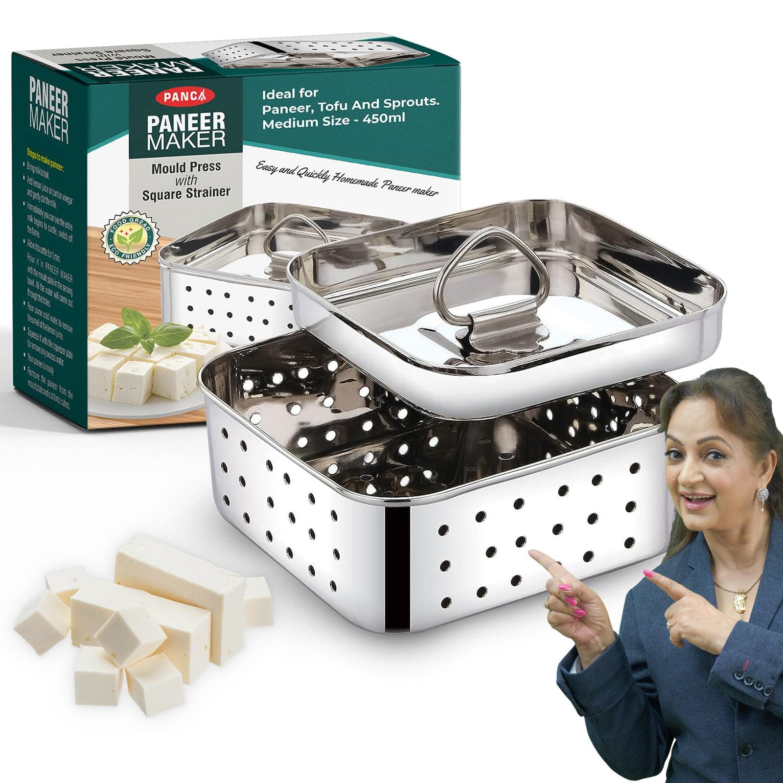 Stainless Steel Paneer Maker Mould Medium Size, Paneer Press with Lid, Tofu Press Mould Maker, Whey Seperator (Square, 450ml Capacity)