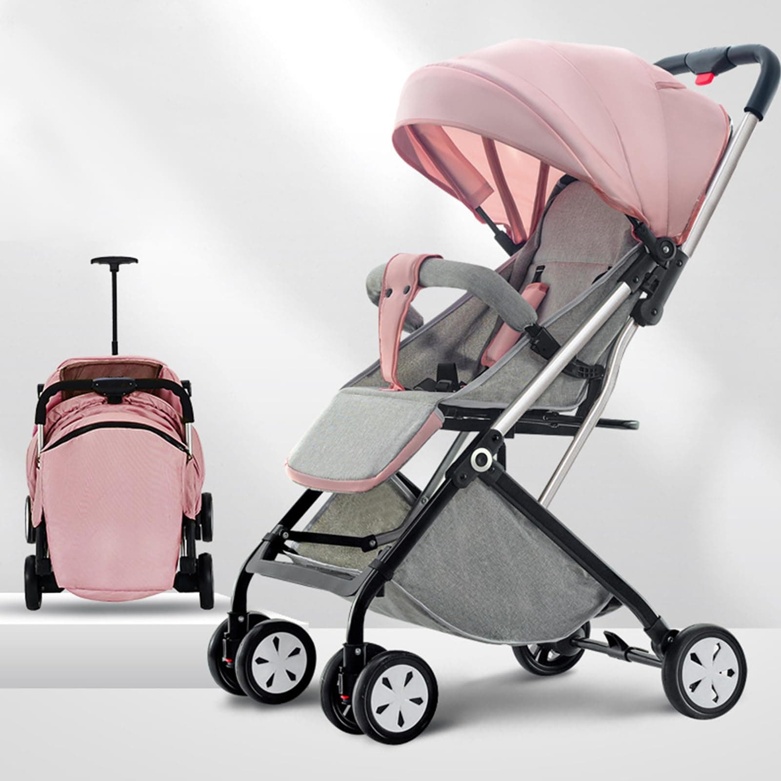 Trolley Baby Stroller, One-Hand Foldable Cabin Stroller, Lightweight Baby Travel Gear, Compact Toddler Pram Stroller, Four-Wheel Shock-Absorbing Infant Carriage for 0-3yrs (Pink)