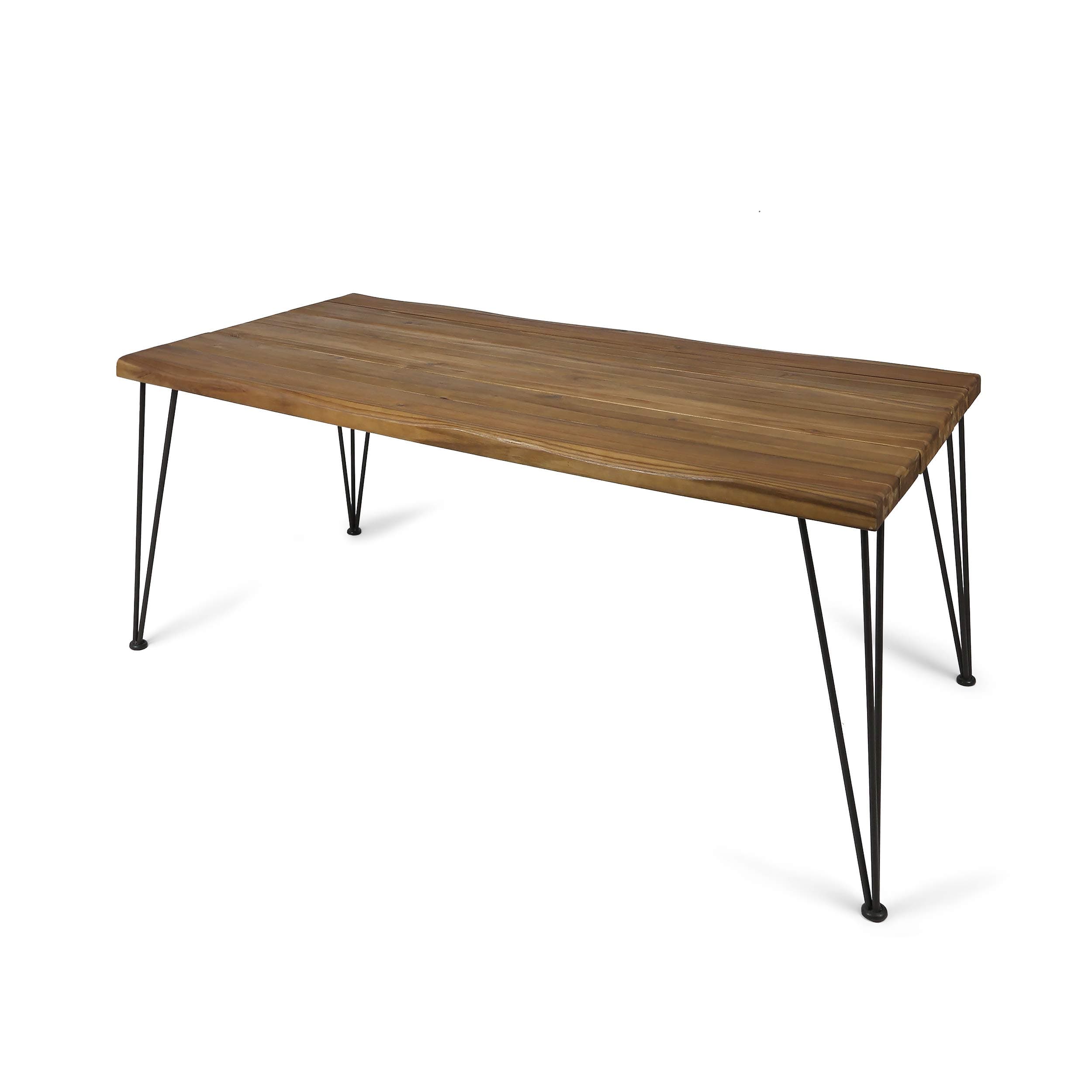 Kama Patio Dining, Rectangular, 72", Acacia Wood Table Top, Rustic Iron Hairpin Legs, Teak Finish, Metal