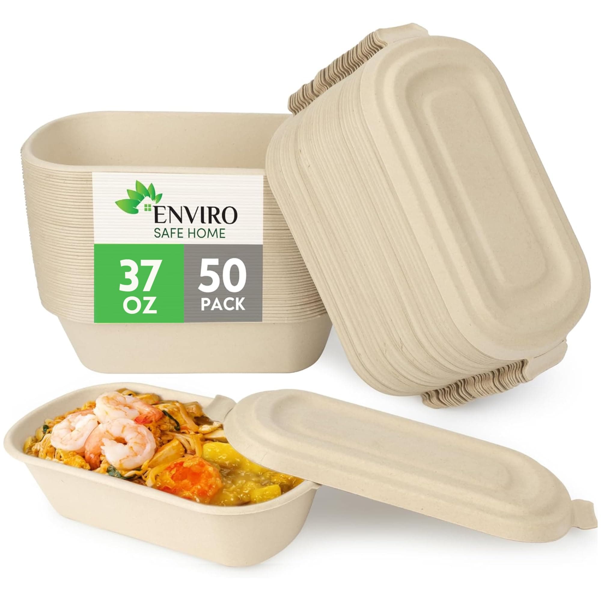 37 Oz Bamboo Disposable Food Containers, 50 Pack - Heavy Duty, Microwavable, Oven Safe - Perfect For Meal Prep, Salads, Lunch, To Go Food - Biodegradable (Brown)