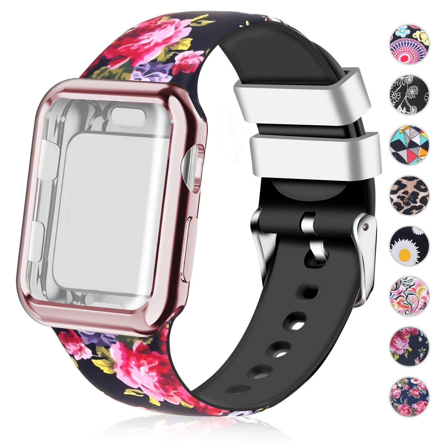 Compatible for Apple Watch Band 42mm with Screen Protector Case, Soft Silicone Sport Wristband for Apple Watch iwatch Series 3 2 1(42mm,Rose)