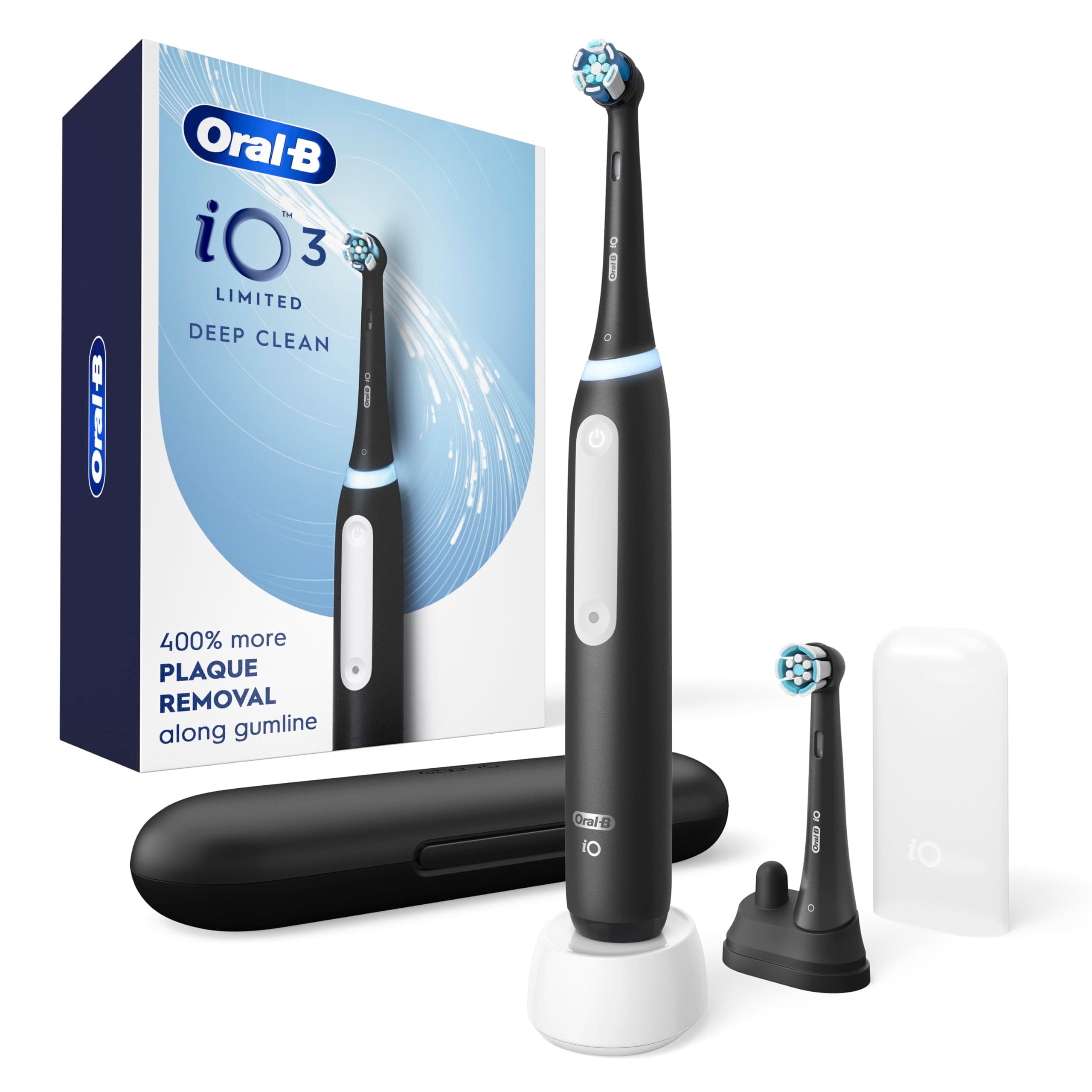 Oral-B Rechargeable Electric Toothbrush, iO3 Limited Deep Clean, 3 Cleaning Modes, Visual Pressure Sensor to Protect Gums, 2 Brush Heads, Travel Case, Black
