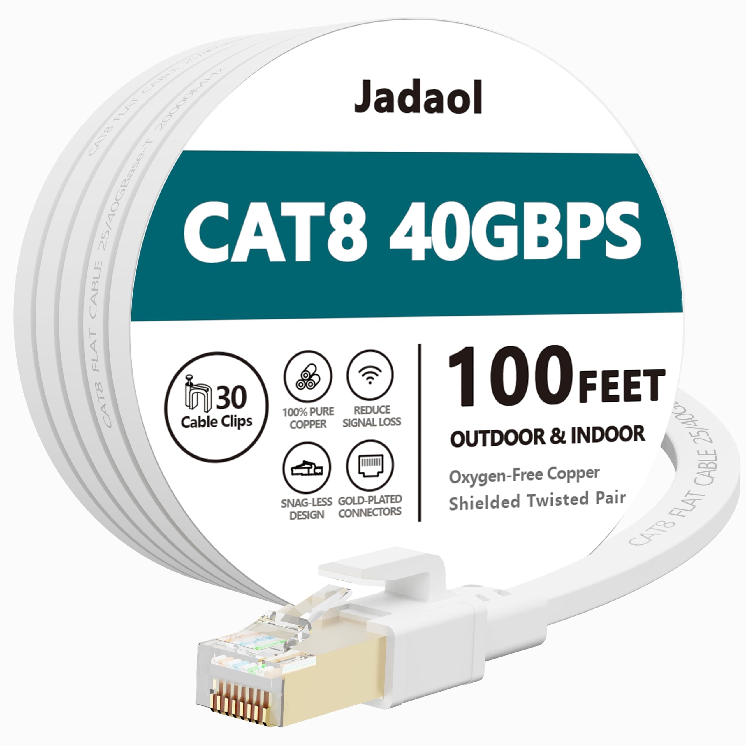 Jadaol Cat 8 Ethernet Cable 100ft (30.48m), 40Gbps 2000MHz Flat S/FTP LAN Patch Cable, High-Speed Cat8 Network Cable for Router, Modem, Switch, Gaming Consoles, PC, Smart TV & Streaming Devices, White
