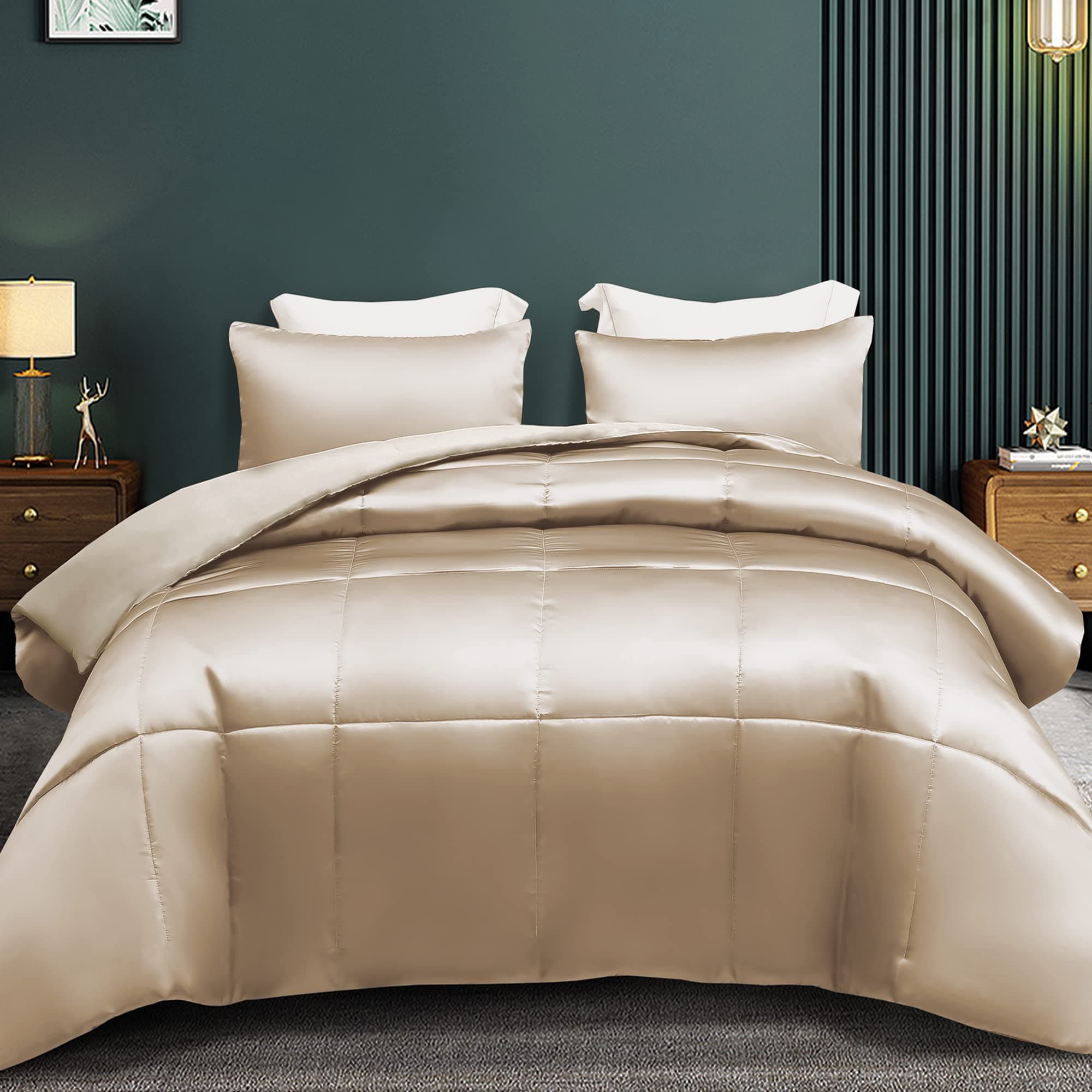 3-Piece Reversible Silky Soft King Size Comforter Bedding Set, Luxurious Satin Comforters Oversized with 2 Satin Pillowcases, Lightweight Duvet for All Seasons, Champagne