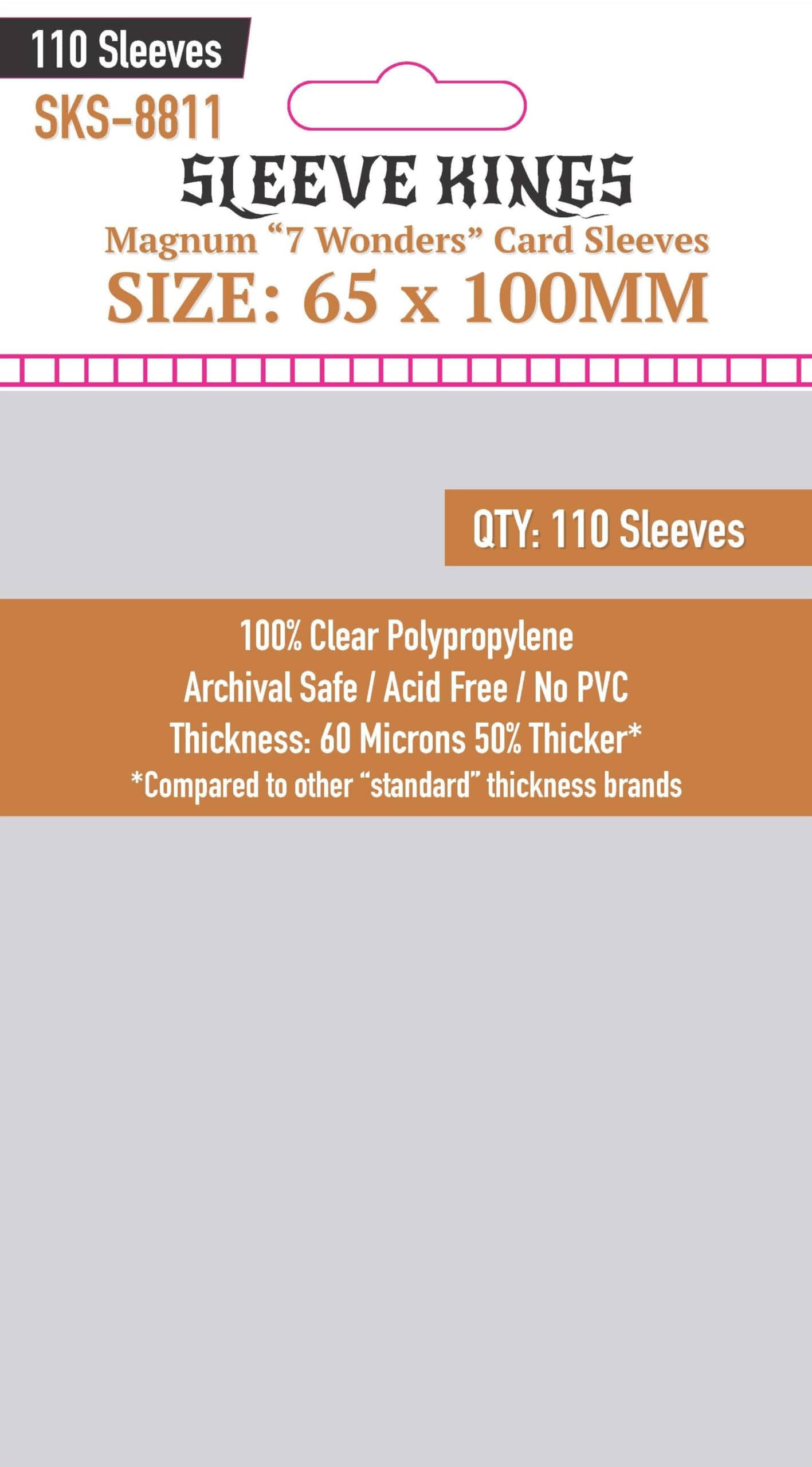 Standard Card Sleeves – 110 Count, Clear 60 Micron Thickness, Large Size (65 x 100 mm), Compatible with 7 Wonders & More – SKU: SKS-8811