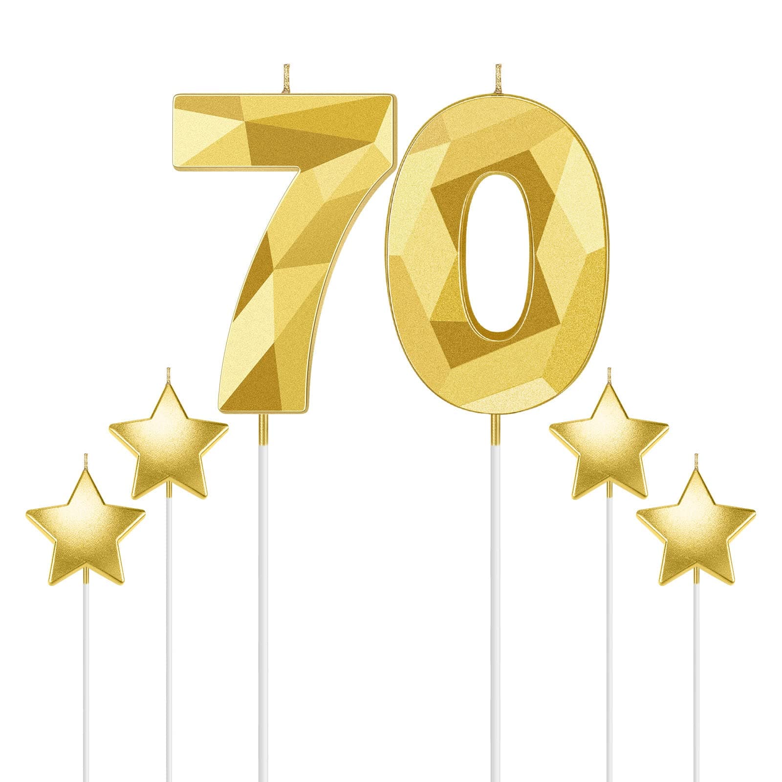 70th Birthday Candles for Cake, 3D Diamond Shaped and Star Birthday Cake Topper Decoration Gifts Number 70 Numeral Candles for Women Men Wedding Themed Party (Golden)