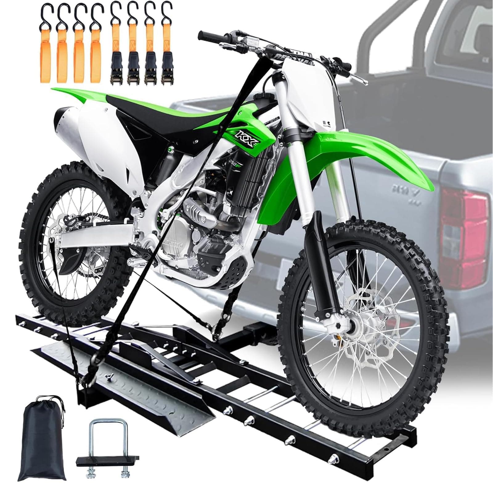 Motorcycle Hitch Carrier 500LBS, Heavy Duty Dirt Bike Hitch Hauler, Dirt Carrier Hitch Rack Hauler Trailer with 120CM Longer Ramp, Ramp Lock, Tie-Down Strap and Hitch Tightener