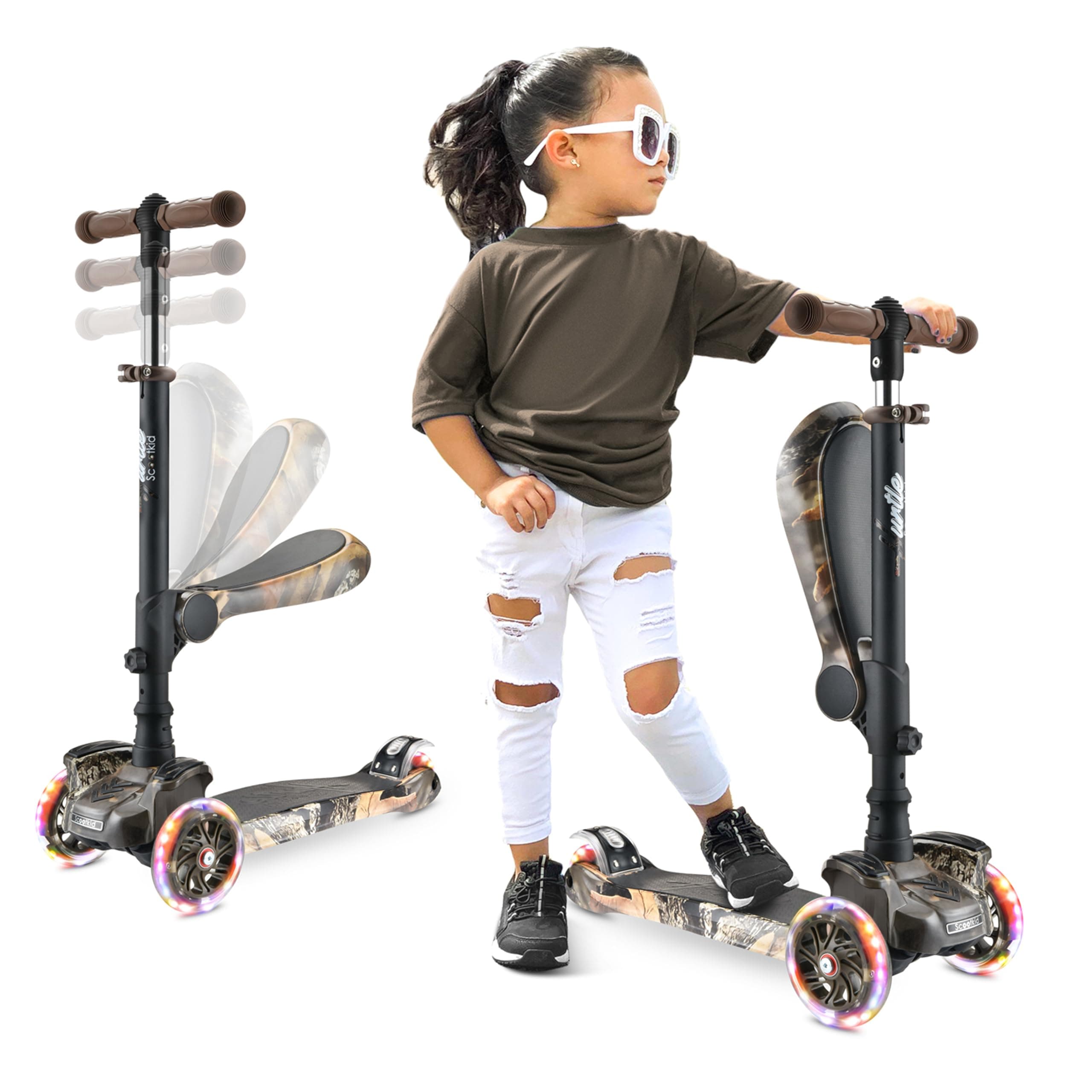 3-Wheel Tri Scooter for Kids ages 4-7, Scooter with Seat, Foldable, Flashing Lights, Adjustable Height