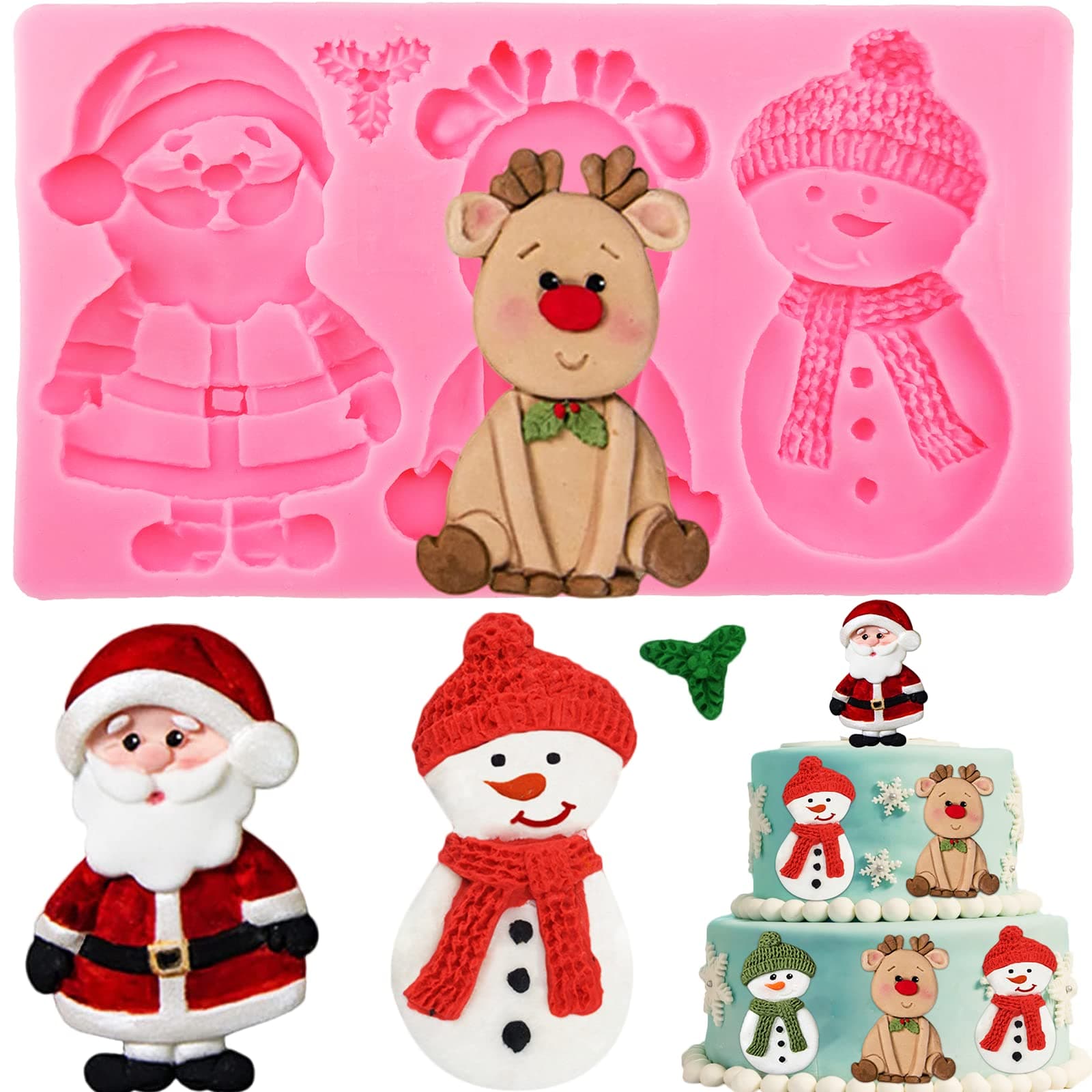 Large Christmas Silicone Molds 3D Santa Claus Mold Snowman Molds Reindeer Fondant Mold Cookie Chocolate Candy Moulds Cake Baking Polymer Clay Resin Mould for Cake Cupcake Decoration