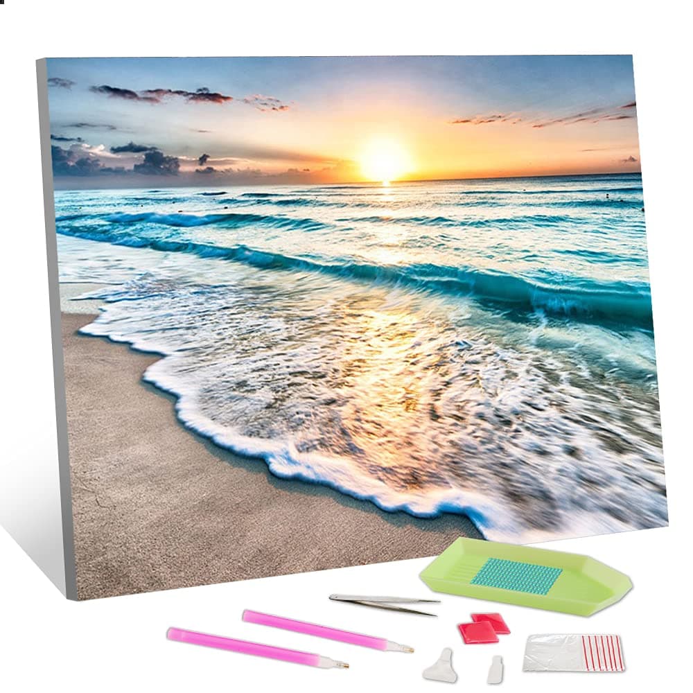 Beach DIY 5D Full Drill Diamond Painting Kit, Seaside Sunset Painting with Diamonds Kits, Landscape Round Diamond Painting Kits for Adults, Crystal Rhinestone Arts Craft Idea Gift (12 x 16 inch)