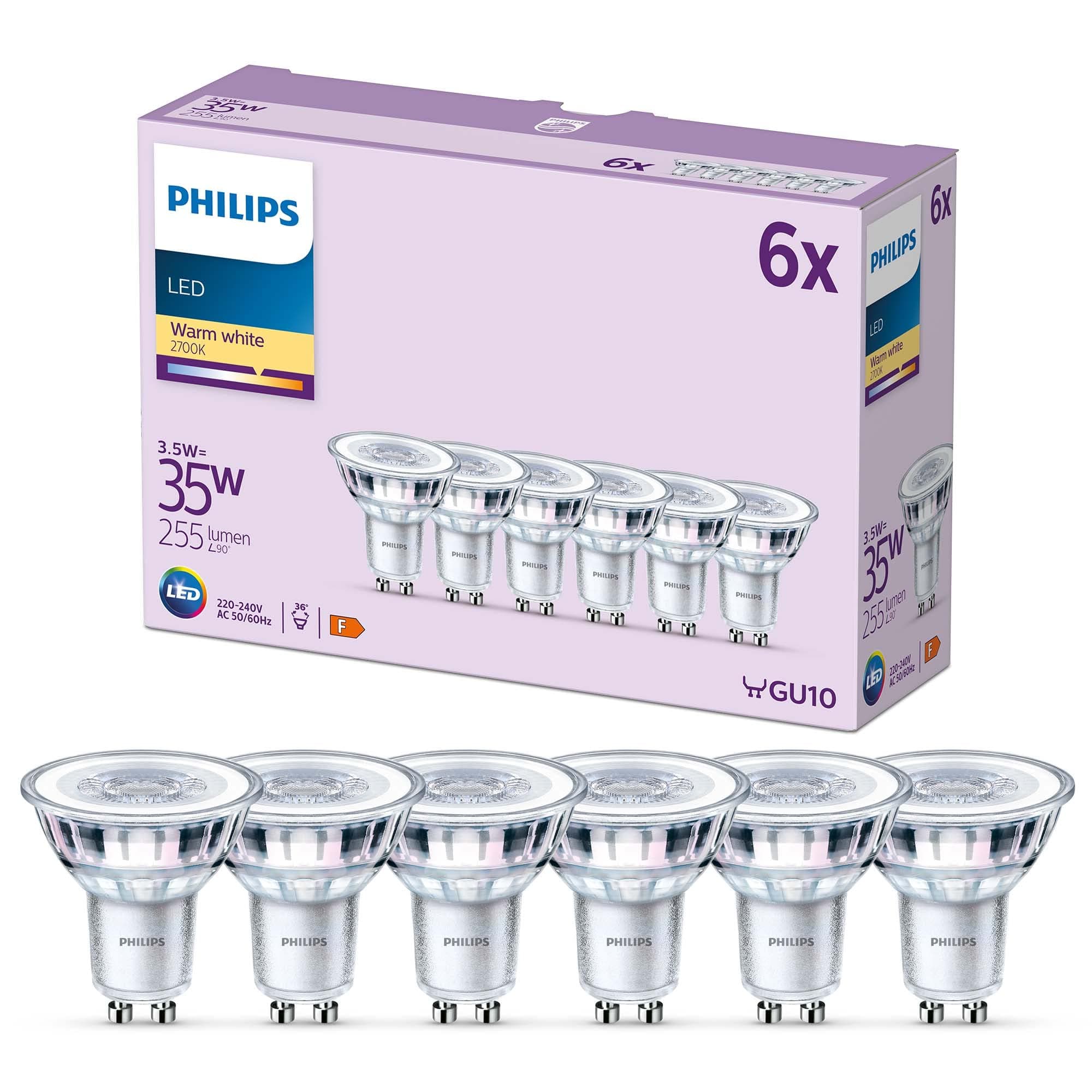 Philips LED Classic Spot Light Bulb 6 Pack [Warm White 2700K - GU10] 35W, Non Dimmable. for Home Indoor Lighting.