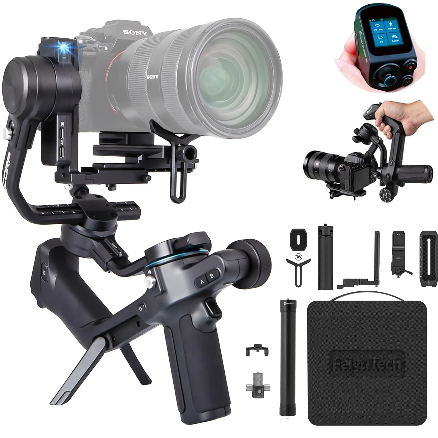 FeiyuTech SCORP-2 Kit Camera Stabilizer, Integrated AI Tracker, 3-Axis Gimbal for Mirrorless Sony/Canon/Nikon/Fujifilm and DSLR Cameras, Upgrade Joystick and Touch Screen, 5.51 lbs Load Capacity