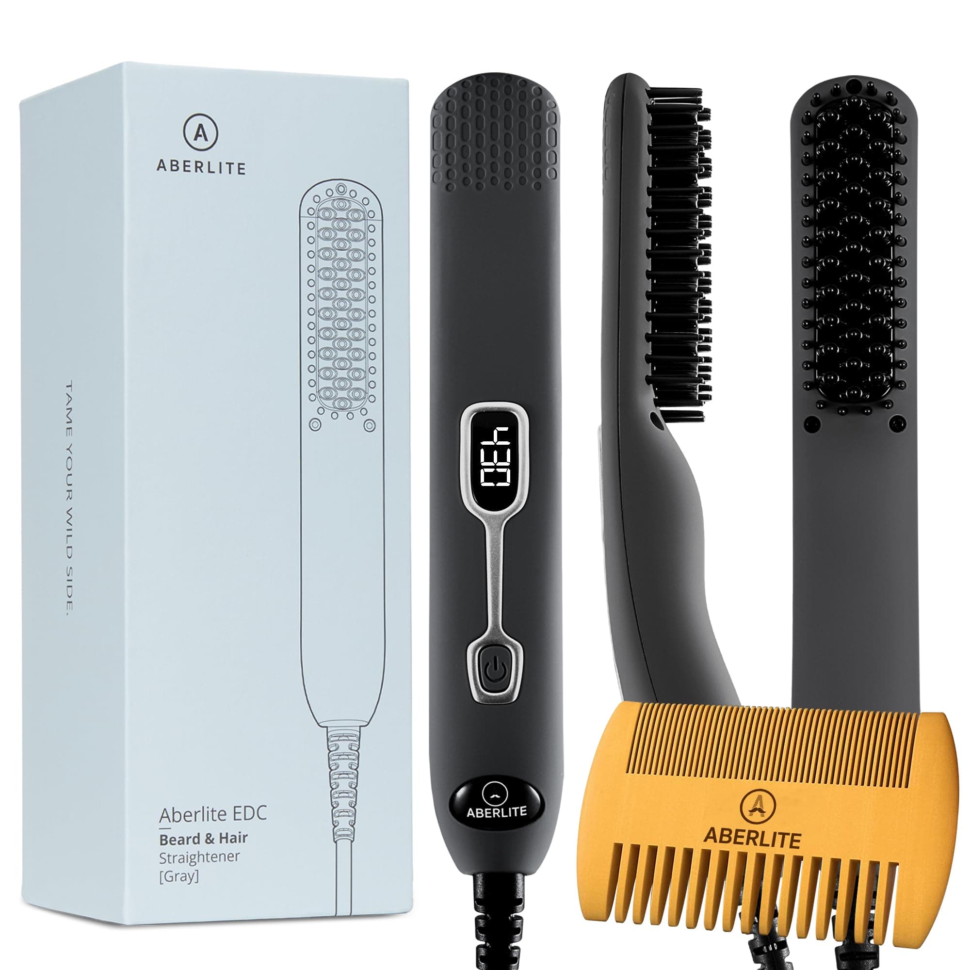 Aberlite EDC - Premium Beard Straightener Brush - Professional Heated Straightening Comb and Grooming Kit for Men (Gray)