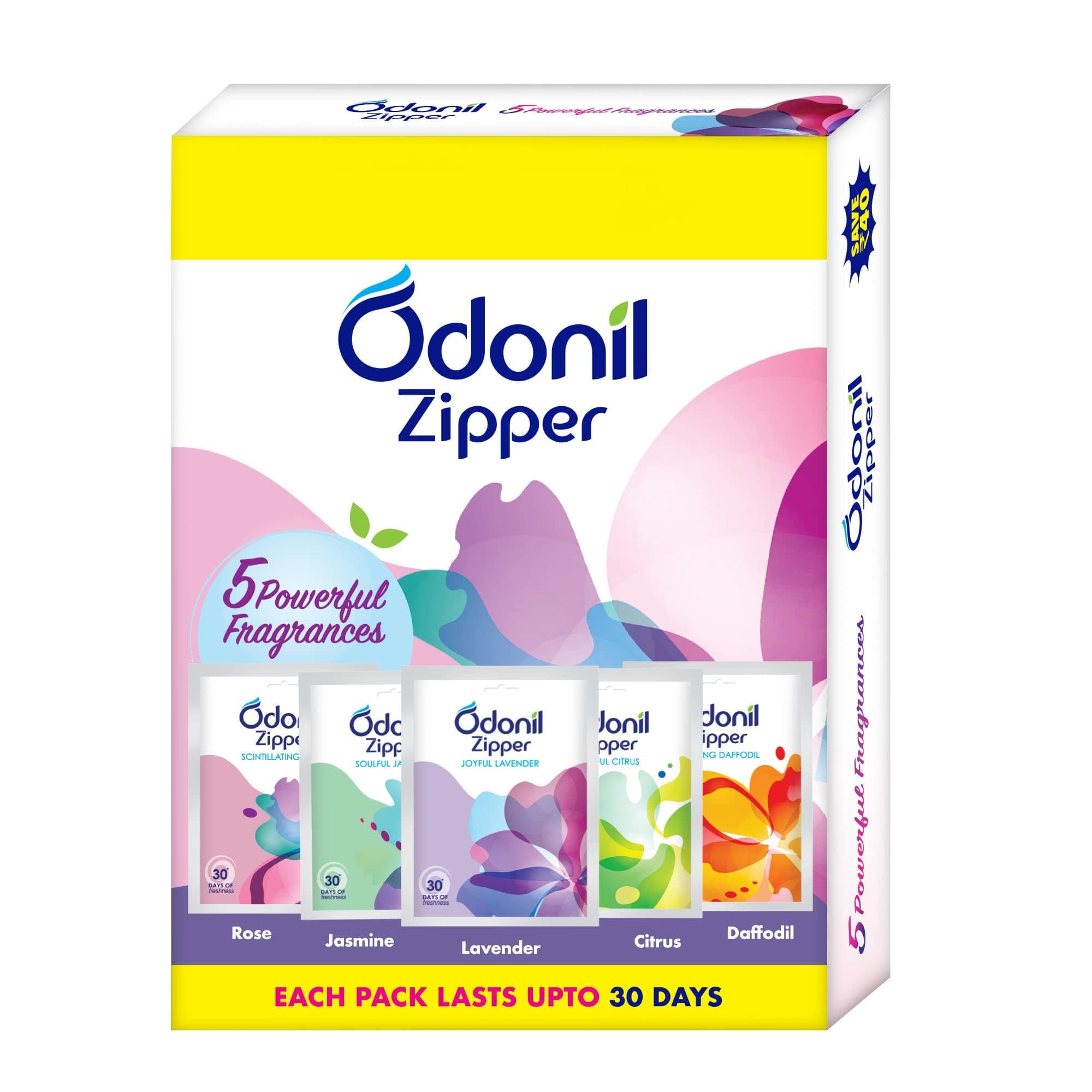 Odonil Bathroom Air Freshener Zipper Mix - 50g (10gx5) | Assorted Pack | Instant & Long Lasting Fragrances | Lasts up to 30 Days | Germ Protection | Freshener for Bathroom, Toilet, Home, Office