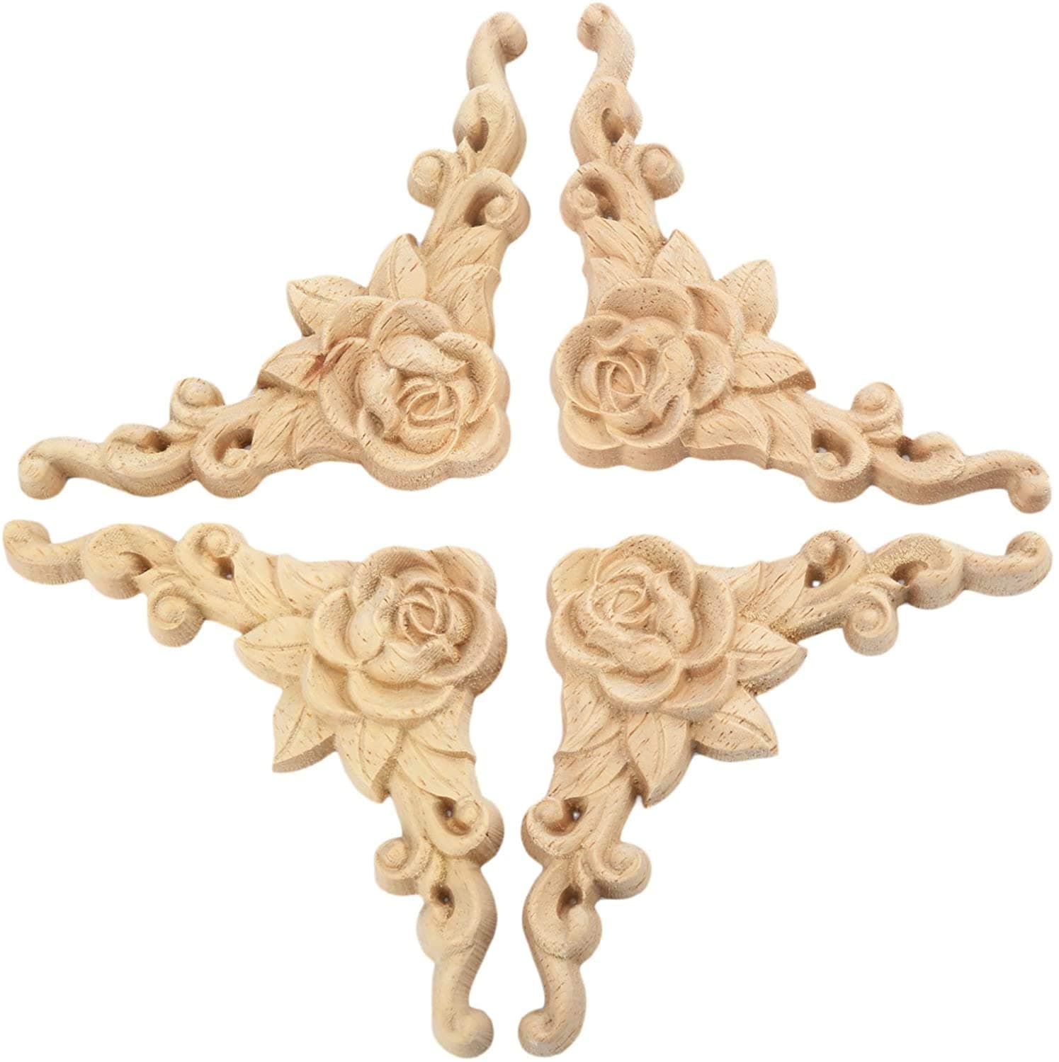 4Pcs Rose Carved Appliques Onlays Crafts Addition, 12x12cm/4.7"x4.7", Excellent Wood Detail Unpainted Ornament Piece for Wall Door Ceiling Table Bed Cabinet Mirror Dresser Drawer