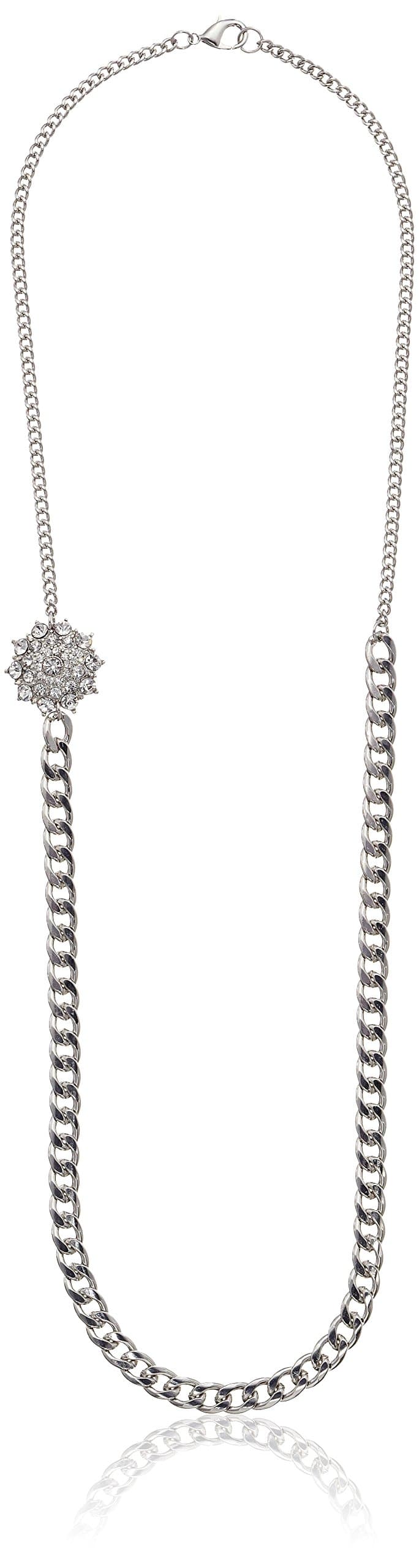 Amazon Collection Long One Row Link with Crystal Rhinestone Flower Accent Chain Statement Necklace, 37"
