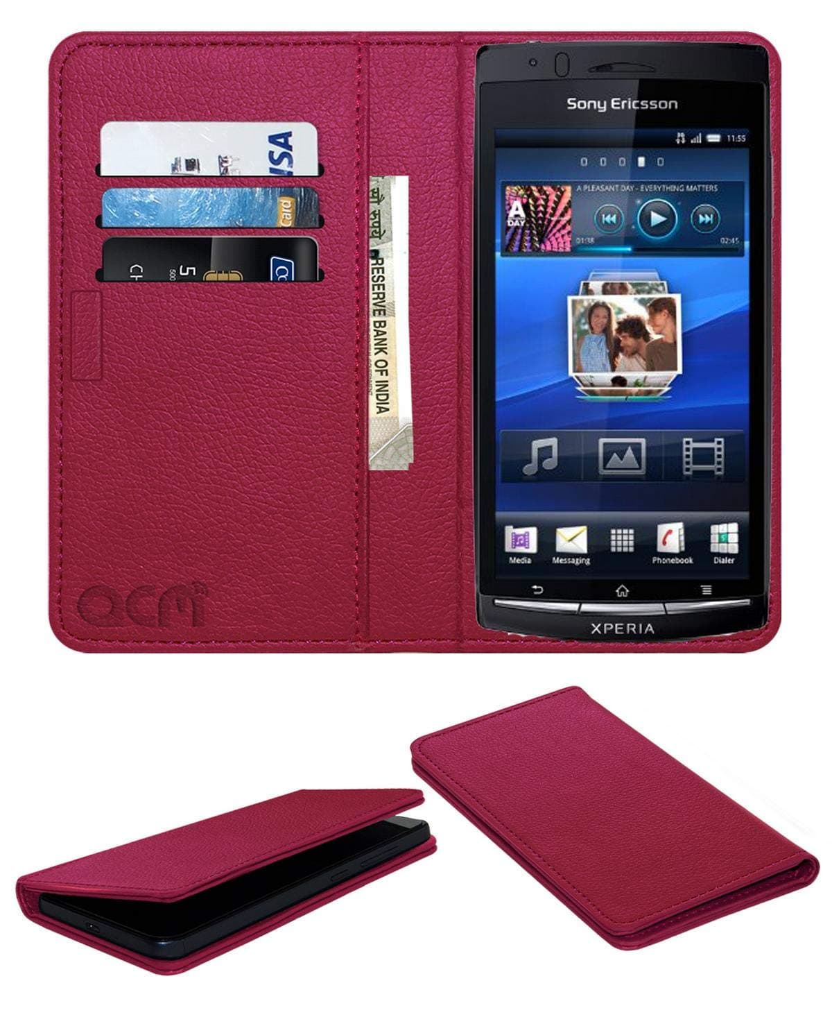 ACM Rich Leather Flip Wallet Front & Back Case Compatible with Sony Ericsson Xperia Arc Lt15i Mobile Flap Magnetic Cover Pink